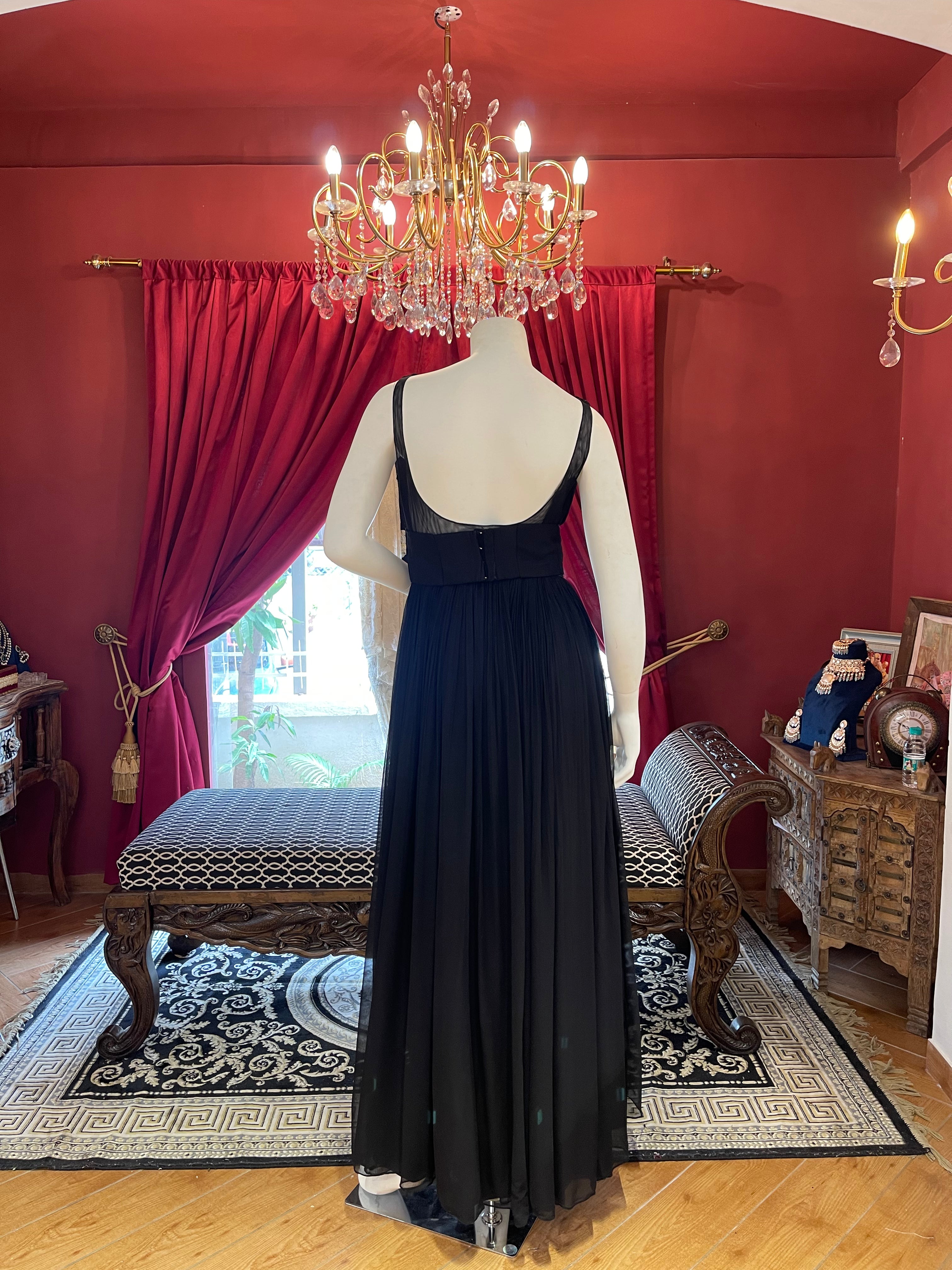 Black Gown with Multicolor Handwork Corset Belt