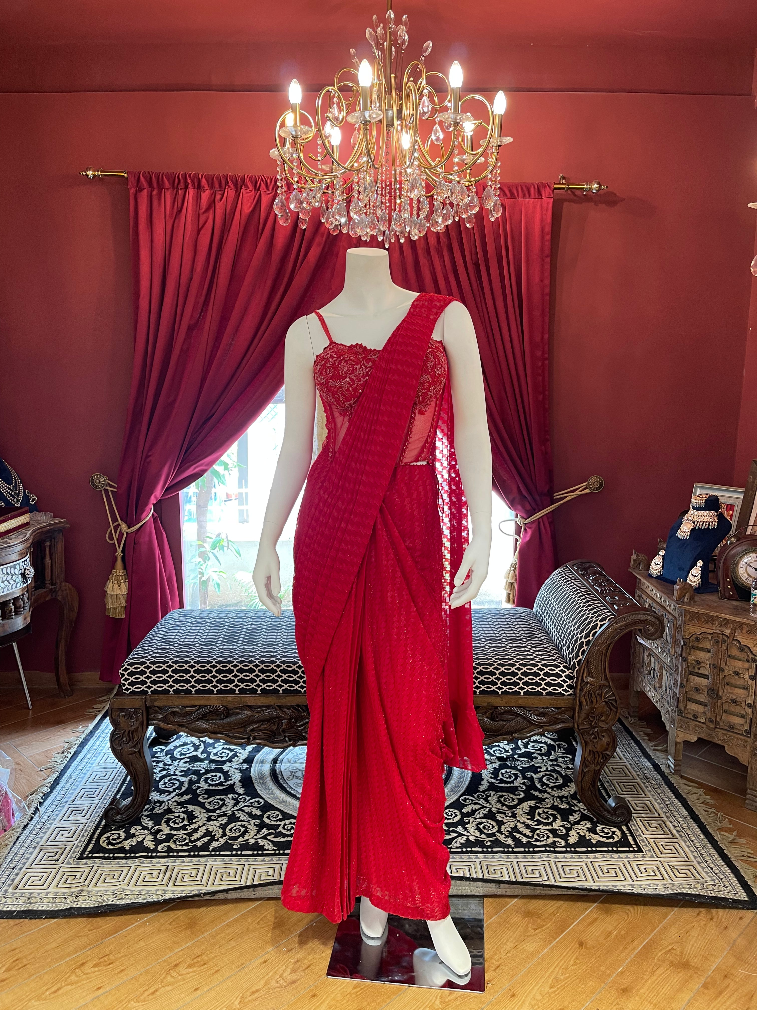 Red Corset Drape Saree