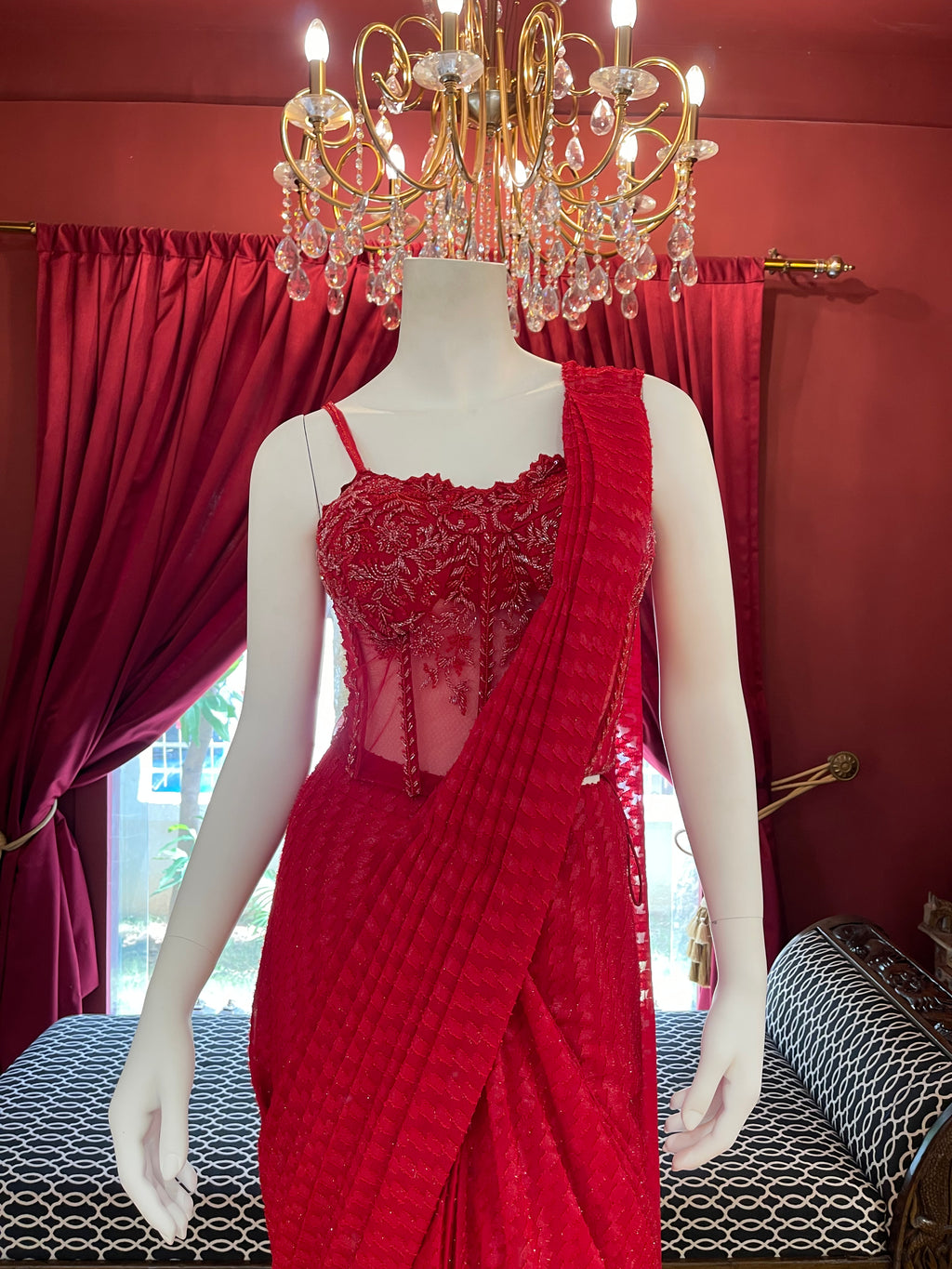 Red Corset Drape Saree
