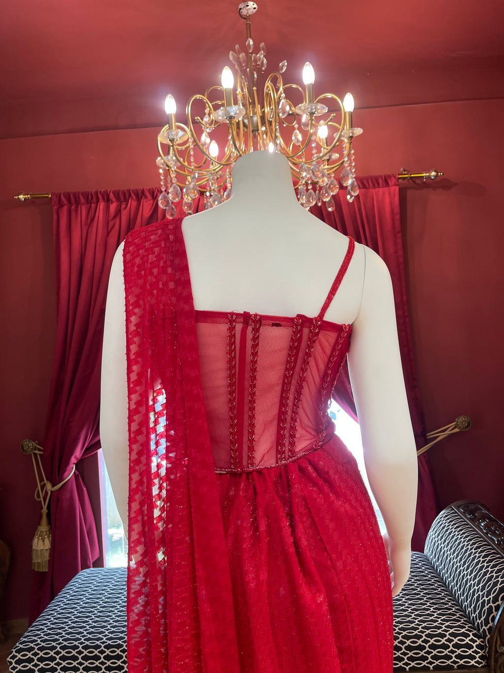Red Corset Drape Saree