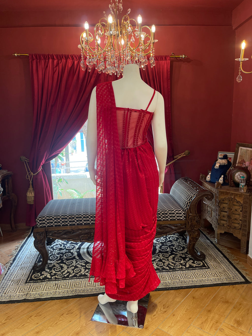Red Corset Drape Saree