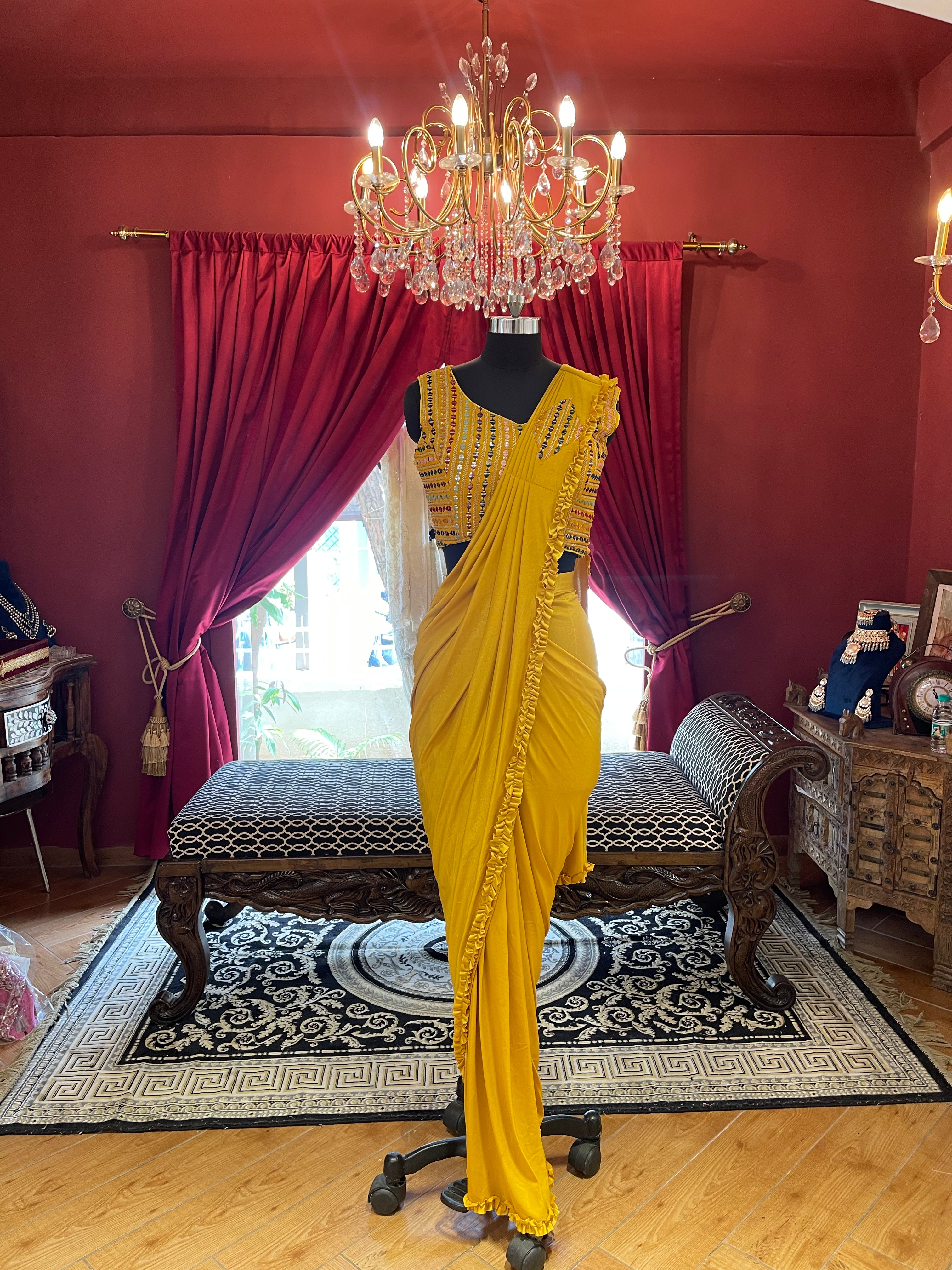 Mustard Yellow Draped Saree With Multi Thread Mirror Worked Blouse