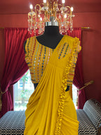 Mustard Yellow Draped Saree With Multi Thread Mirror Worked Blouse