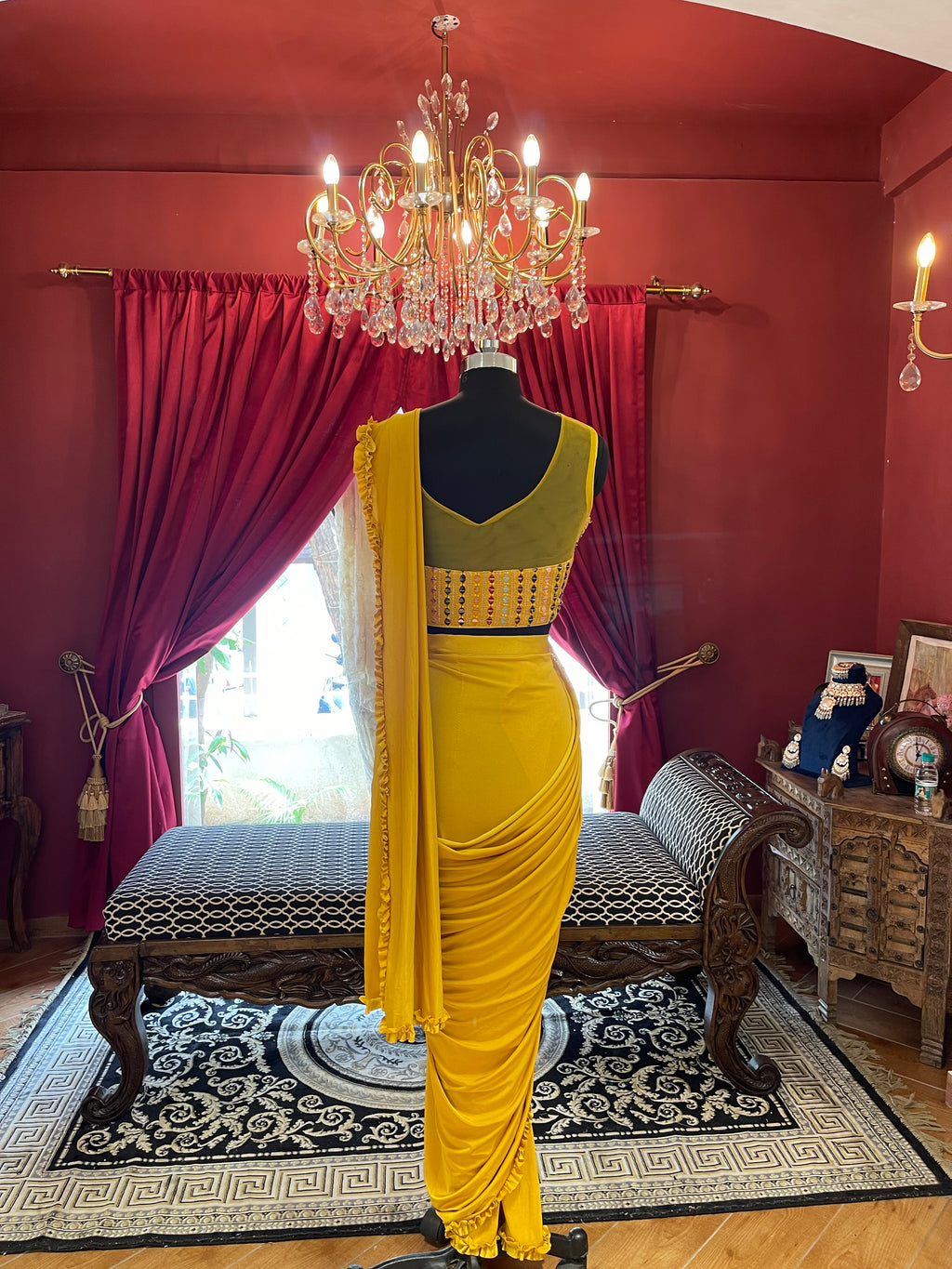 Mustard Yellow Draped Saree With Multi Thread Mirror Worked Blouse
