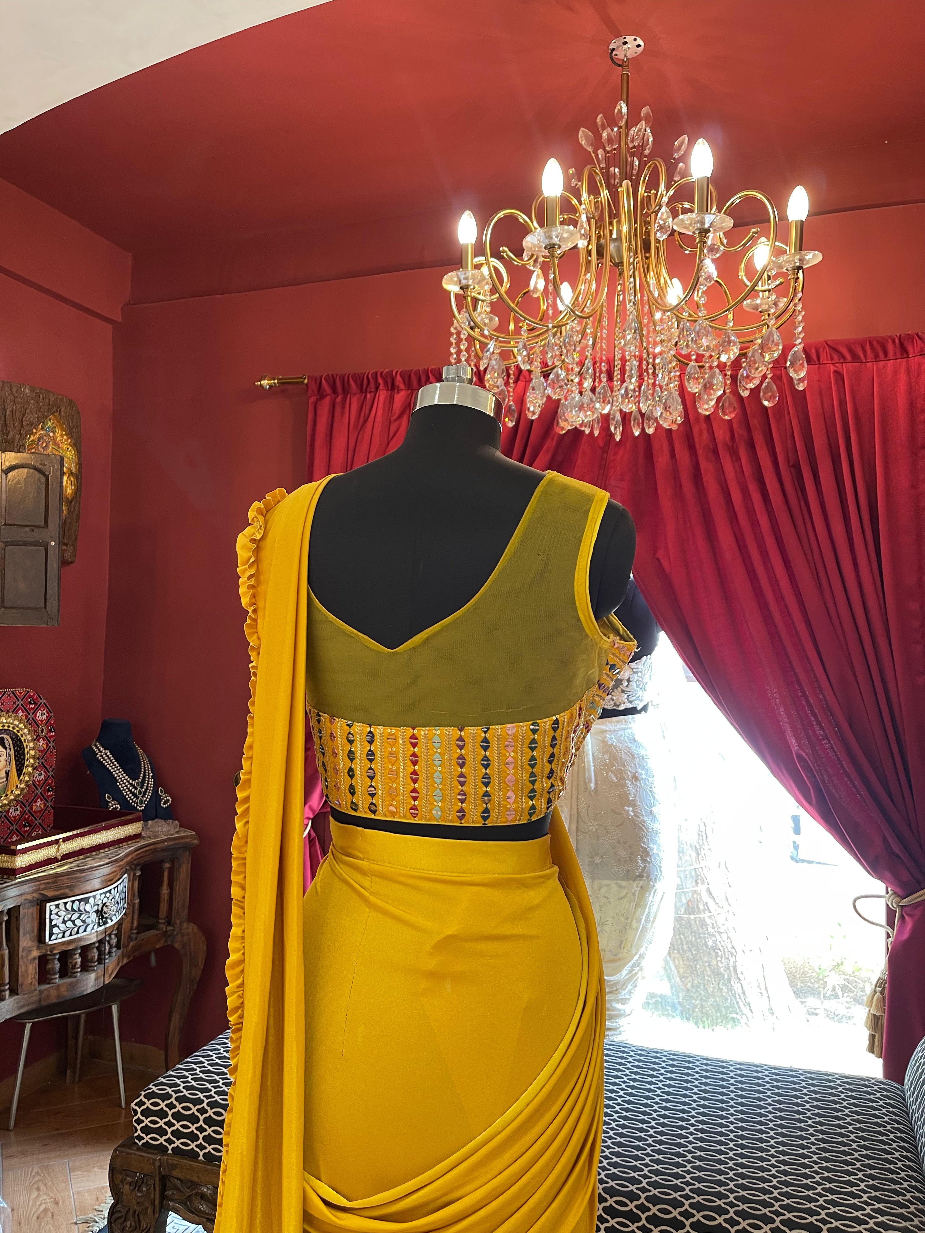 Mustard Yellow Draped Saree With Multi Thread Mirror Worked Blouse