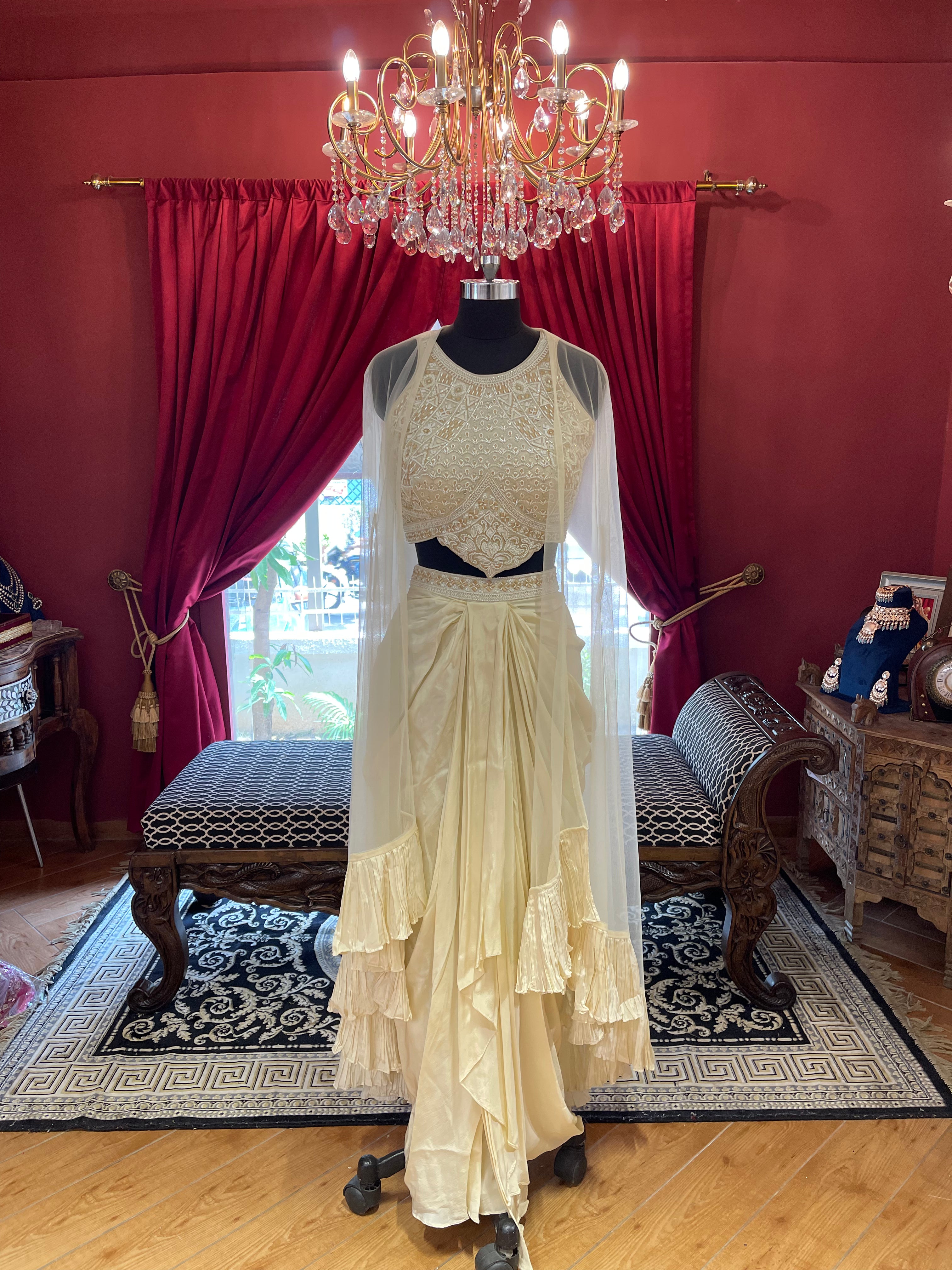 Ivory Ruffle Skirt Indowestern With Cape