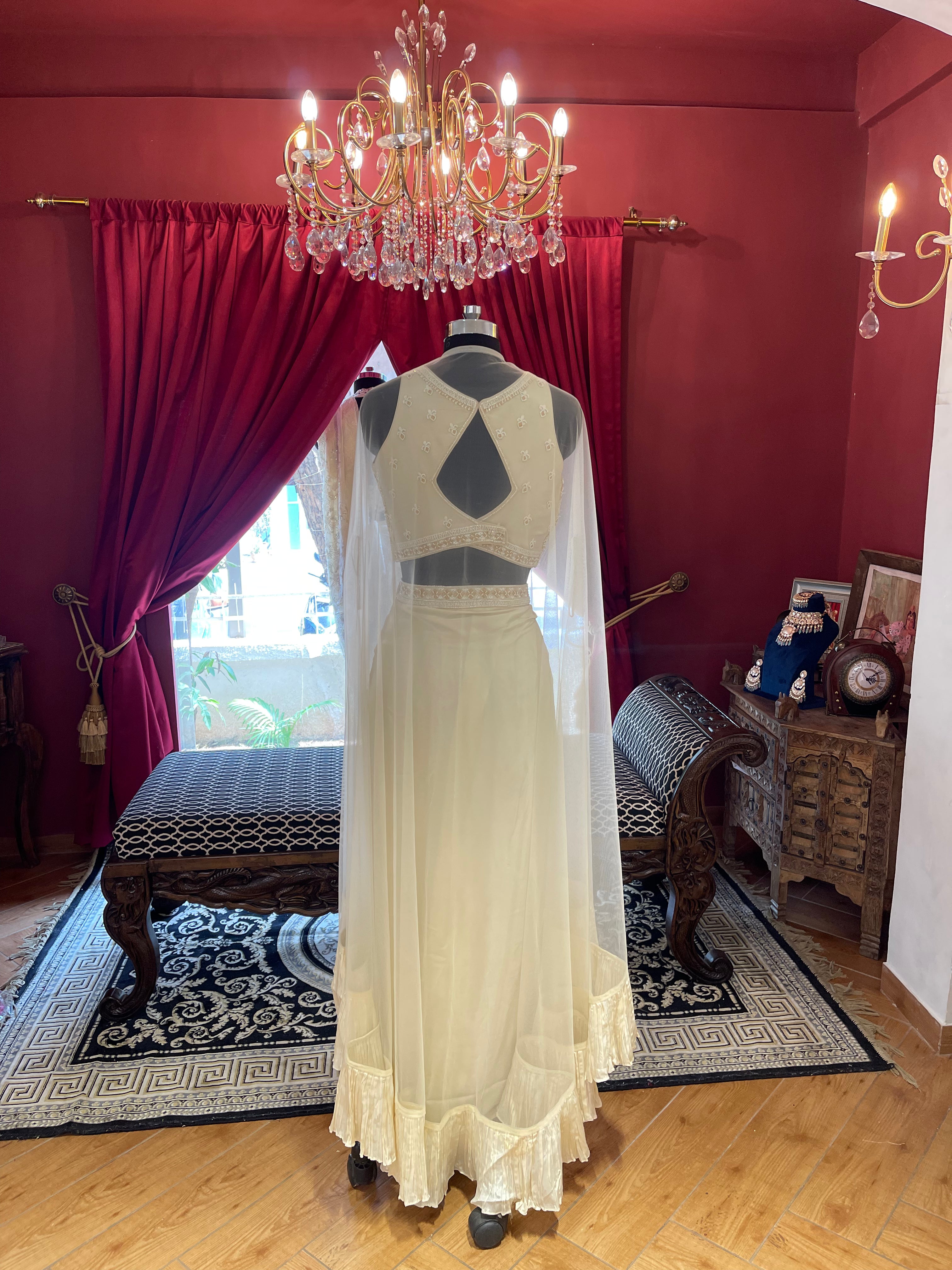 Ivory Ruffle Skirt Indowestern With Cape