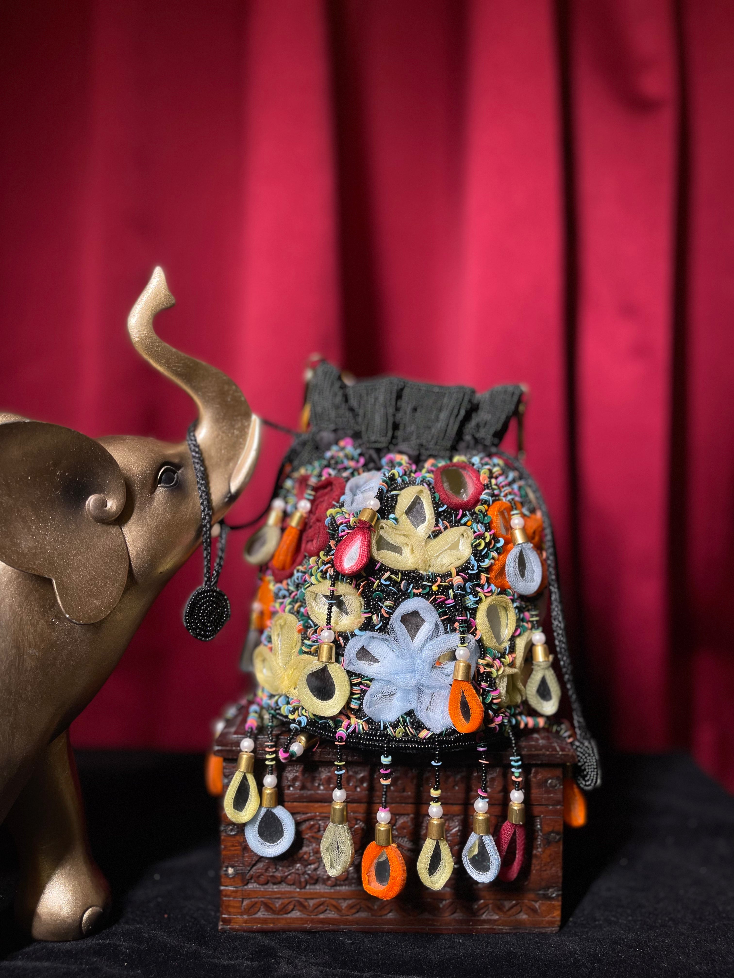 Black Potli With Colourful Mirror Tassels