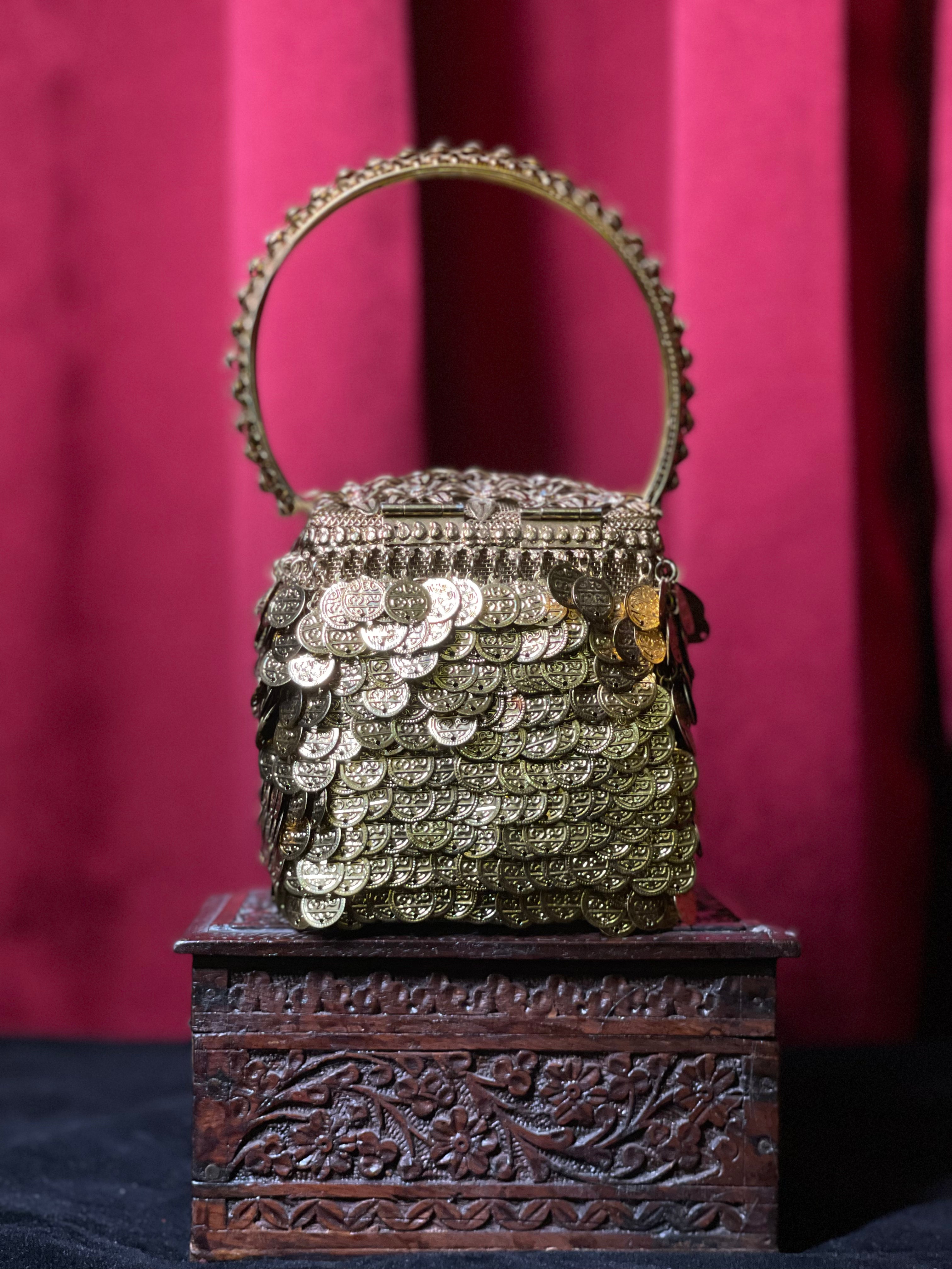 Golden Square Purse with Embossed Lid