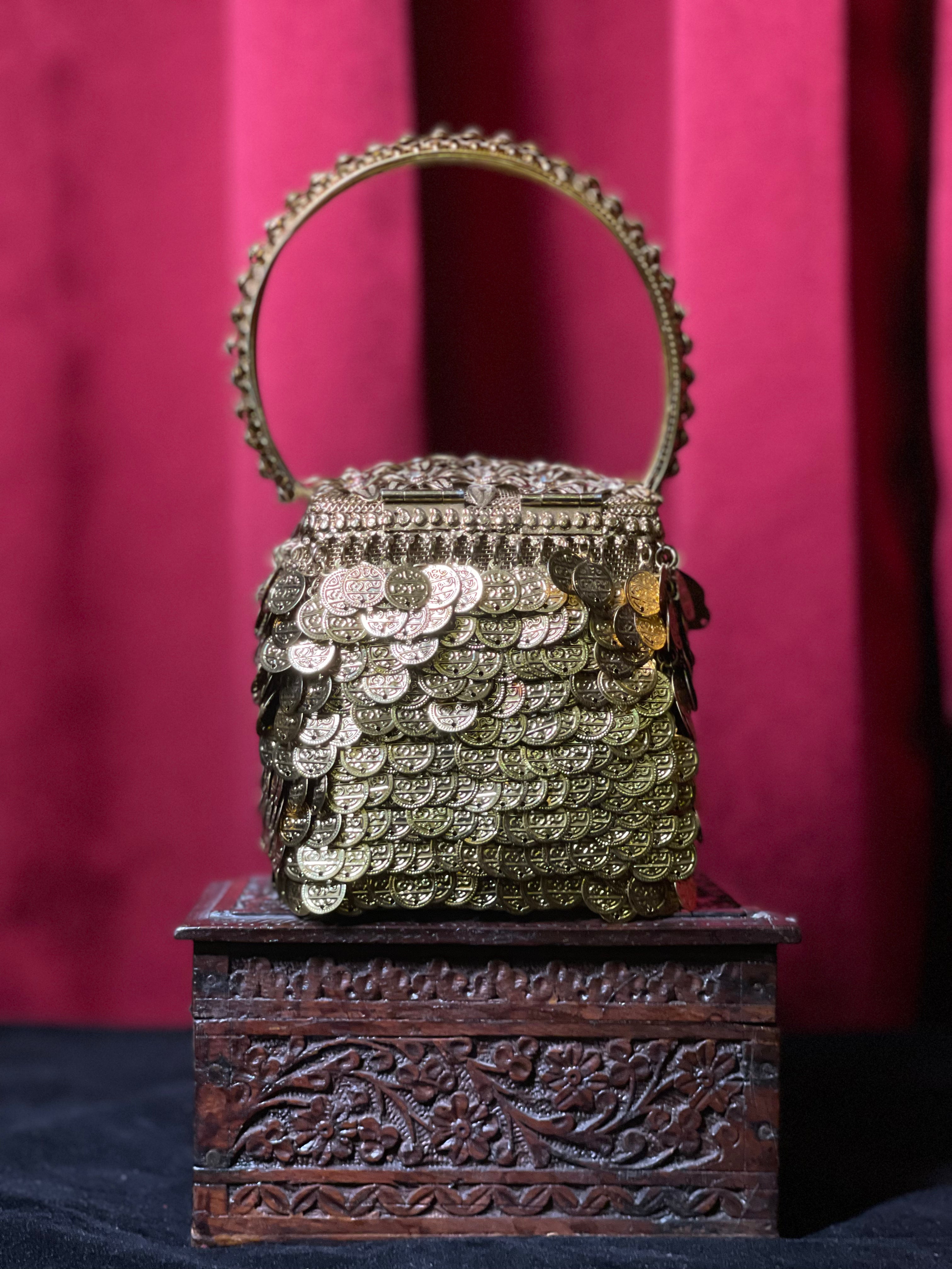Golden Square Purse with Embossed Lid