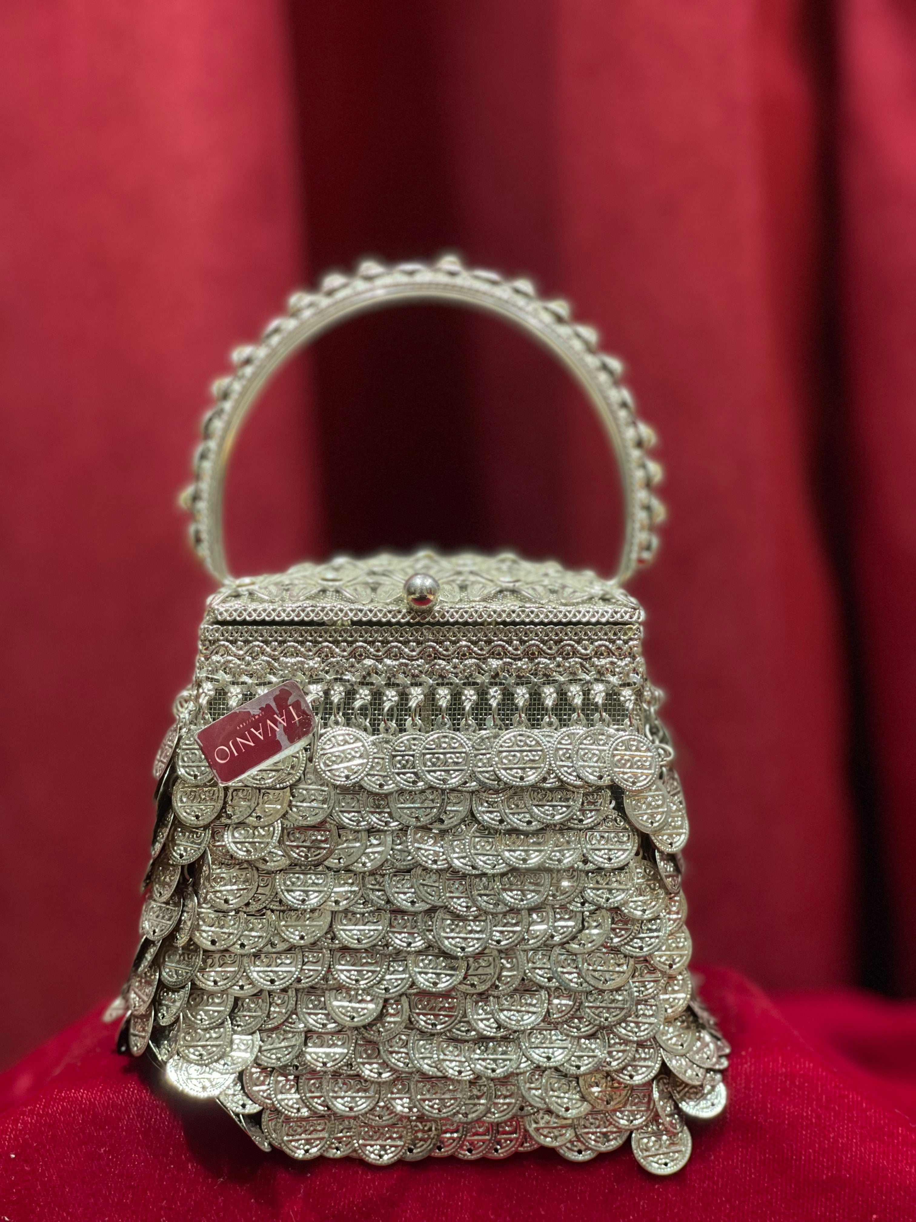 Silver Square Purse with Embossed Lid