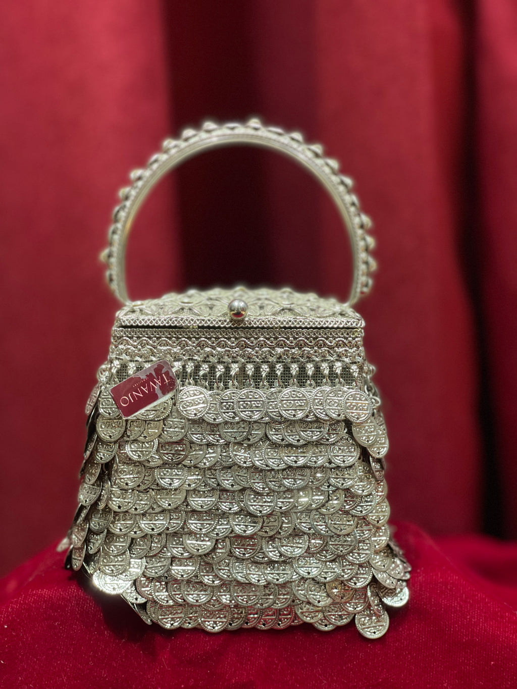 Silver Square Purse with Embossed Lid
