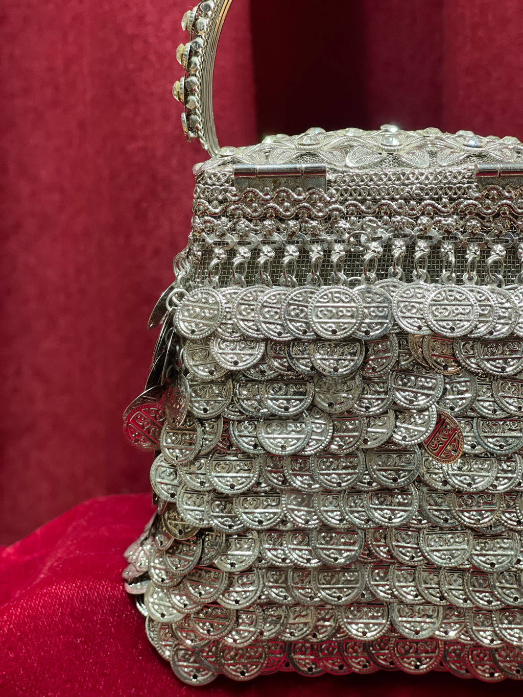 Silver Square Purse with Embossed Lid