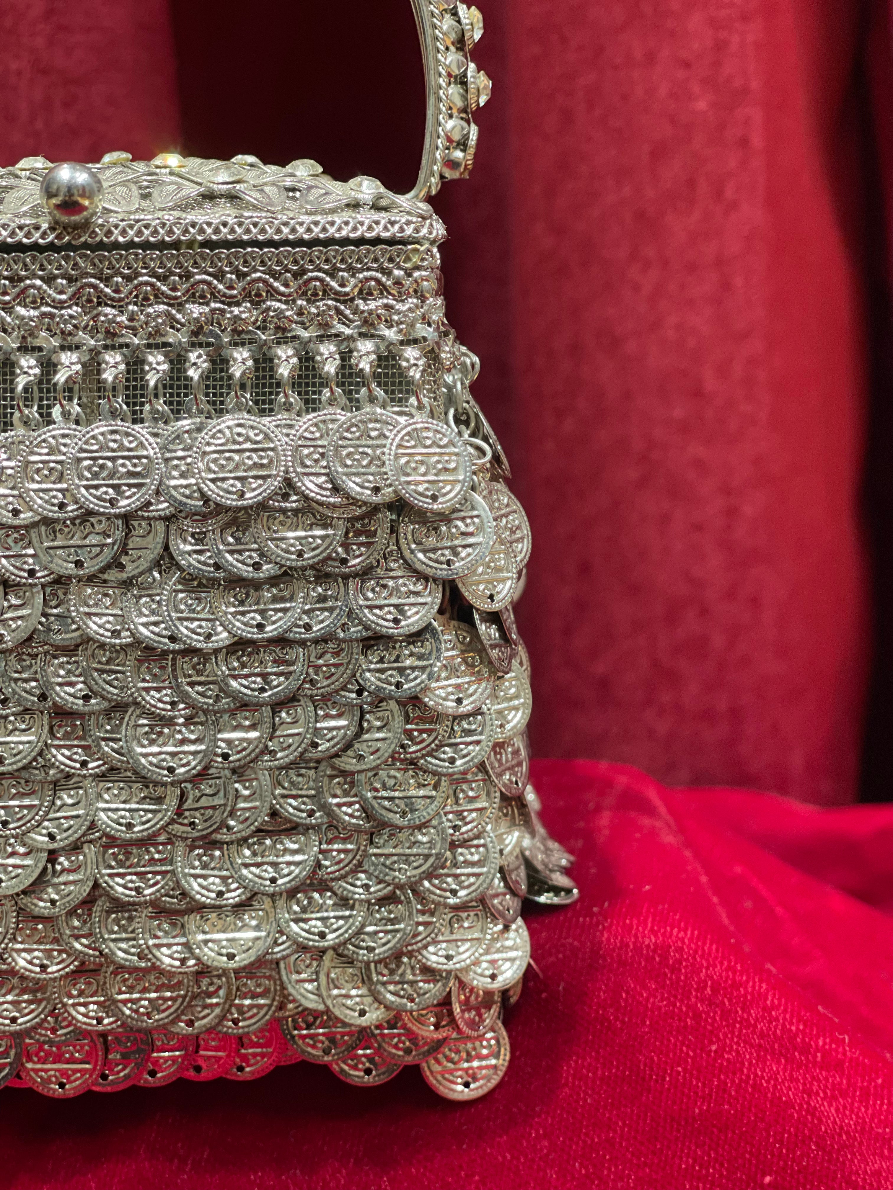 Silver Square Purse with Embossed Lid