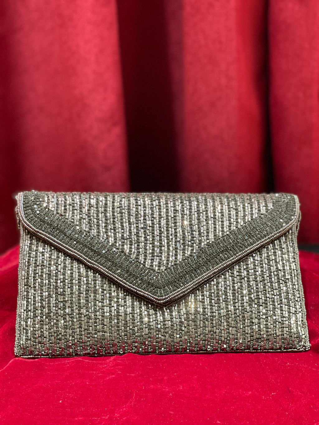 Grey and Silver Beaded Work Clutch