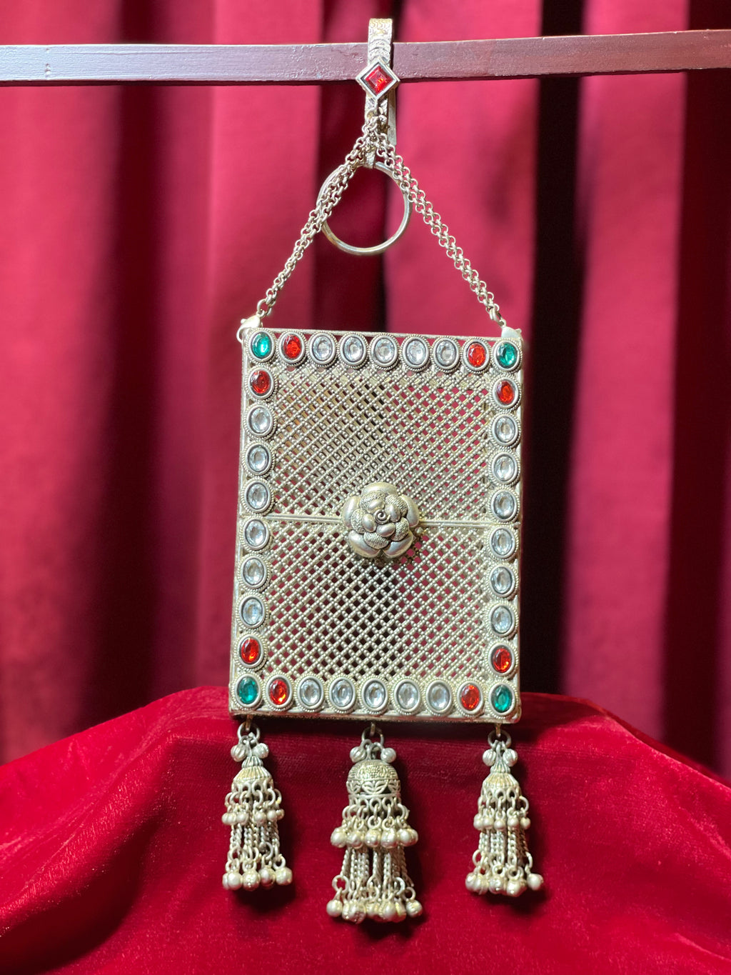 Oxidized Side Waist Clutch with Jhumka Tassels
