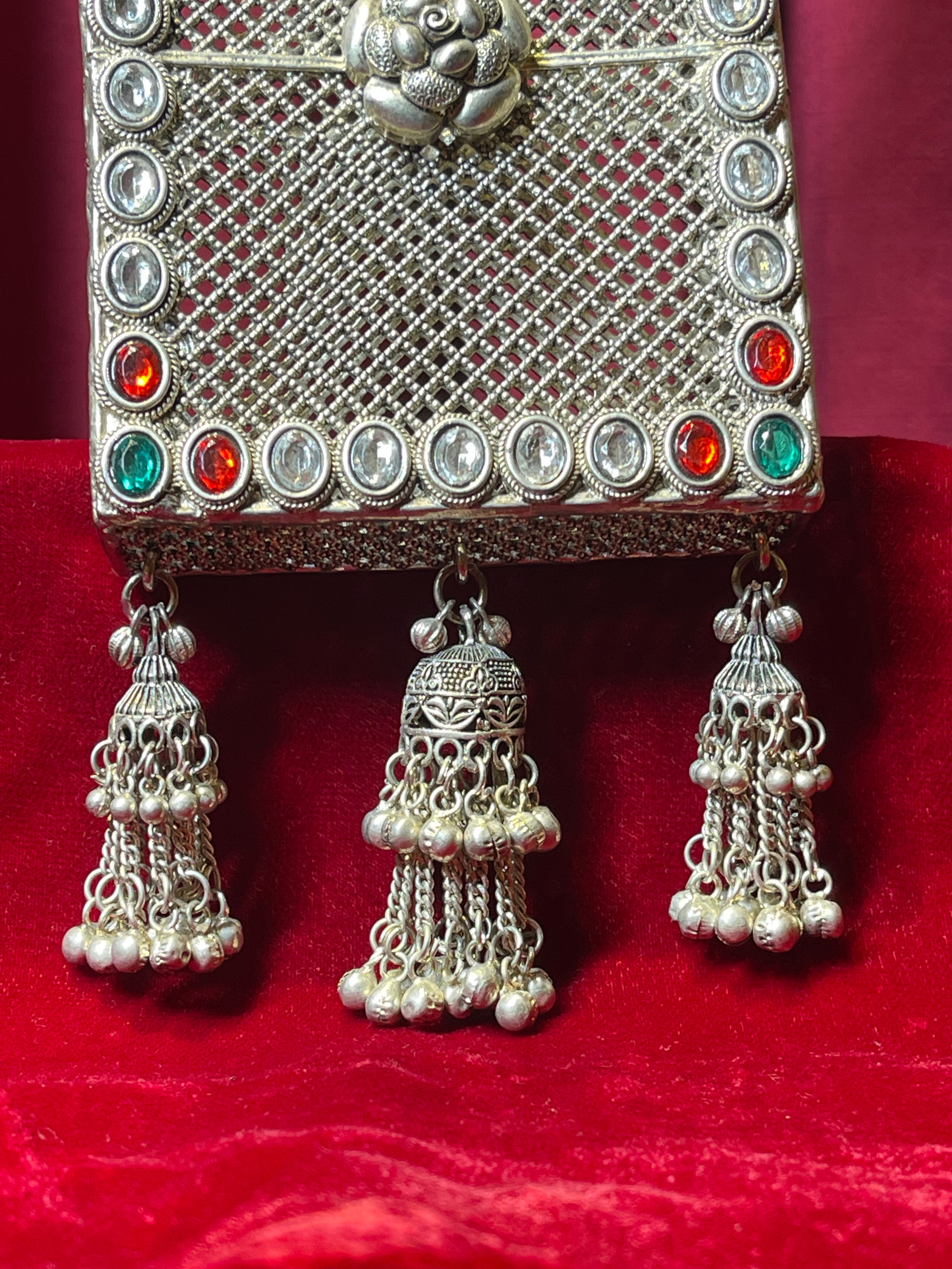 Oxidized Side Waist Clutch with Jhumka Tassels