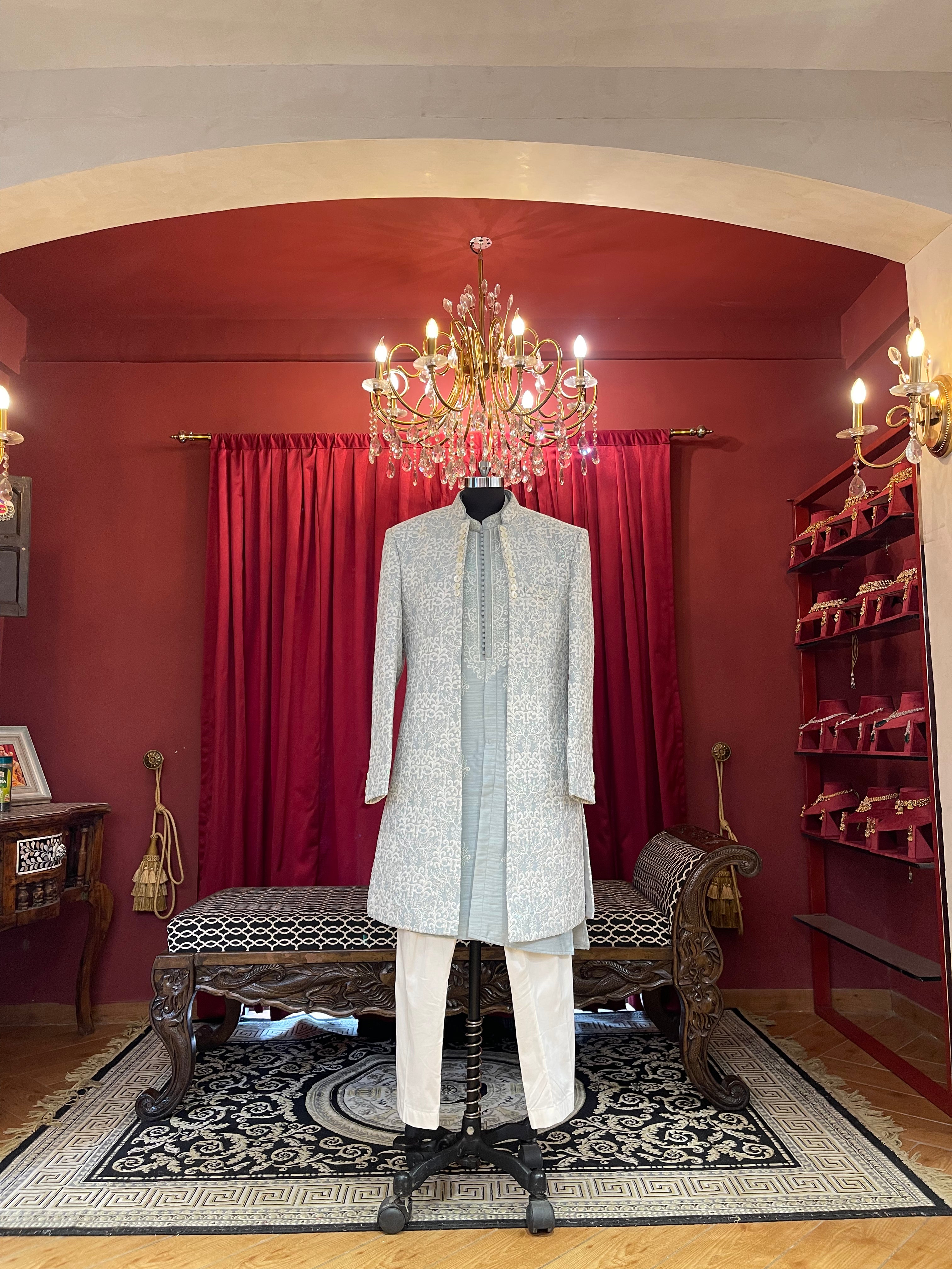 Ice Blue Sherwani With White And Tonal Embroidery
