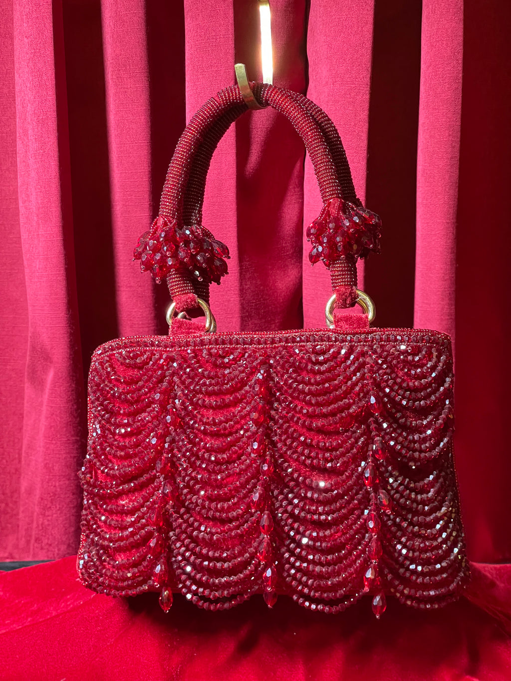 Red Velvet Purse With Beaded Dangles