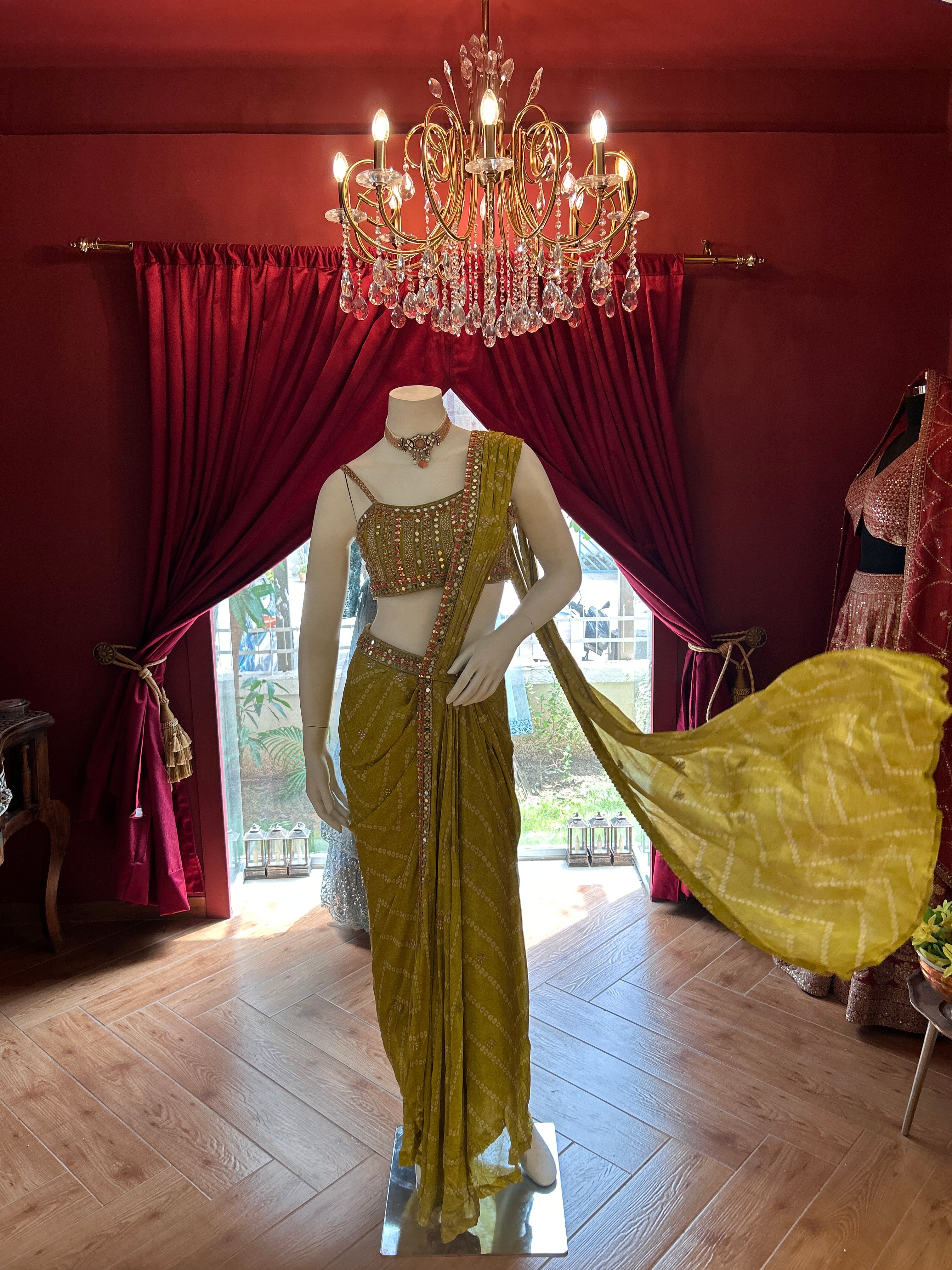 Yellow Bandhani Mirror Work Saree