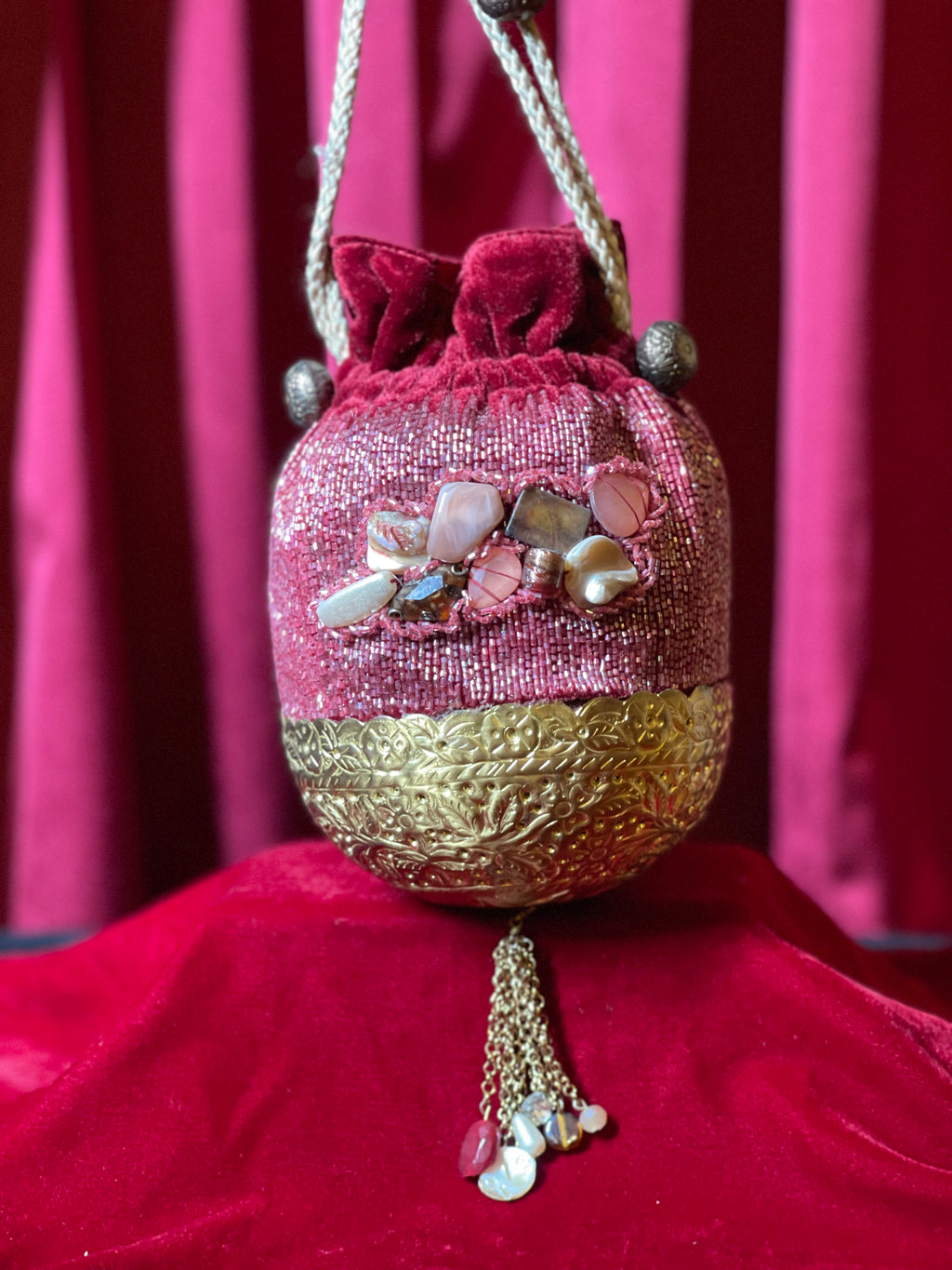 Red Potli Purse With Golden MEtal Bottom