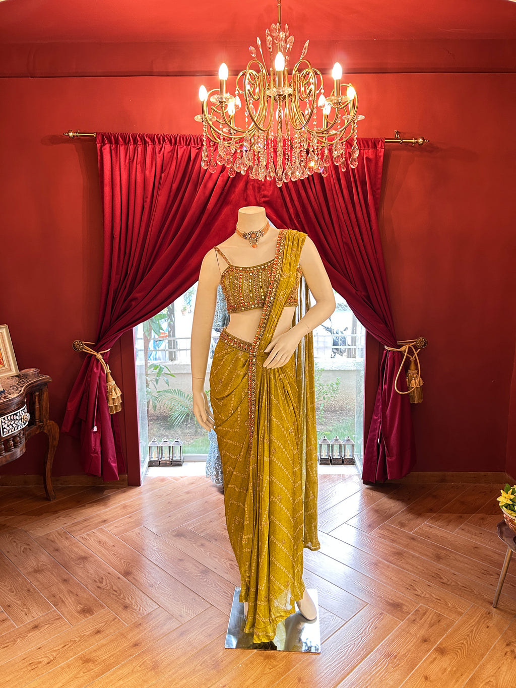 Yellow Bandhani Mirror Work Saree
