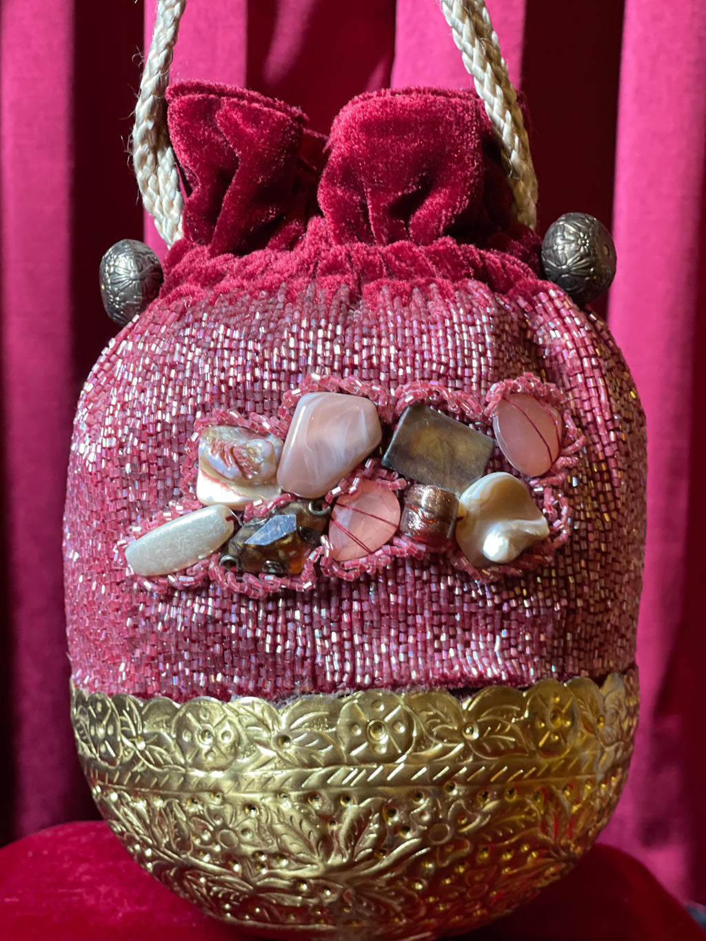 Red Potli Purse With Golden MEtal Bottom