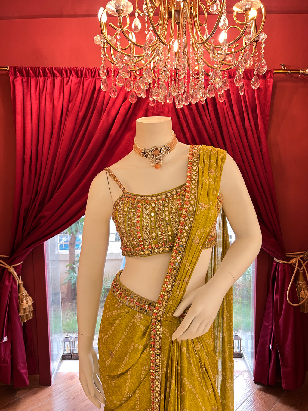 Yellow Bandhani Mirror Work Saree