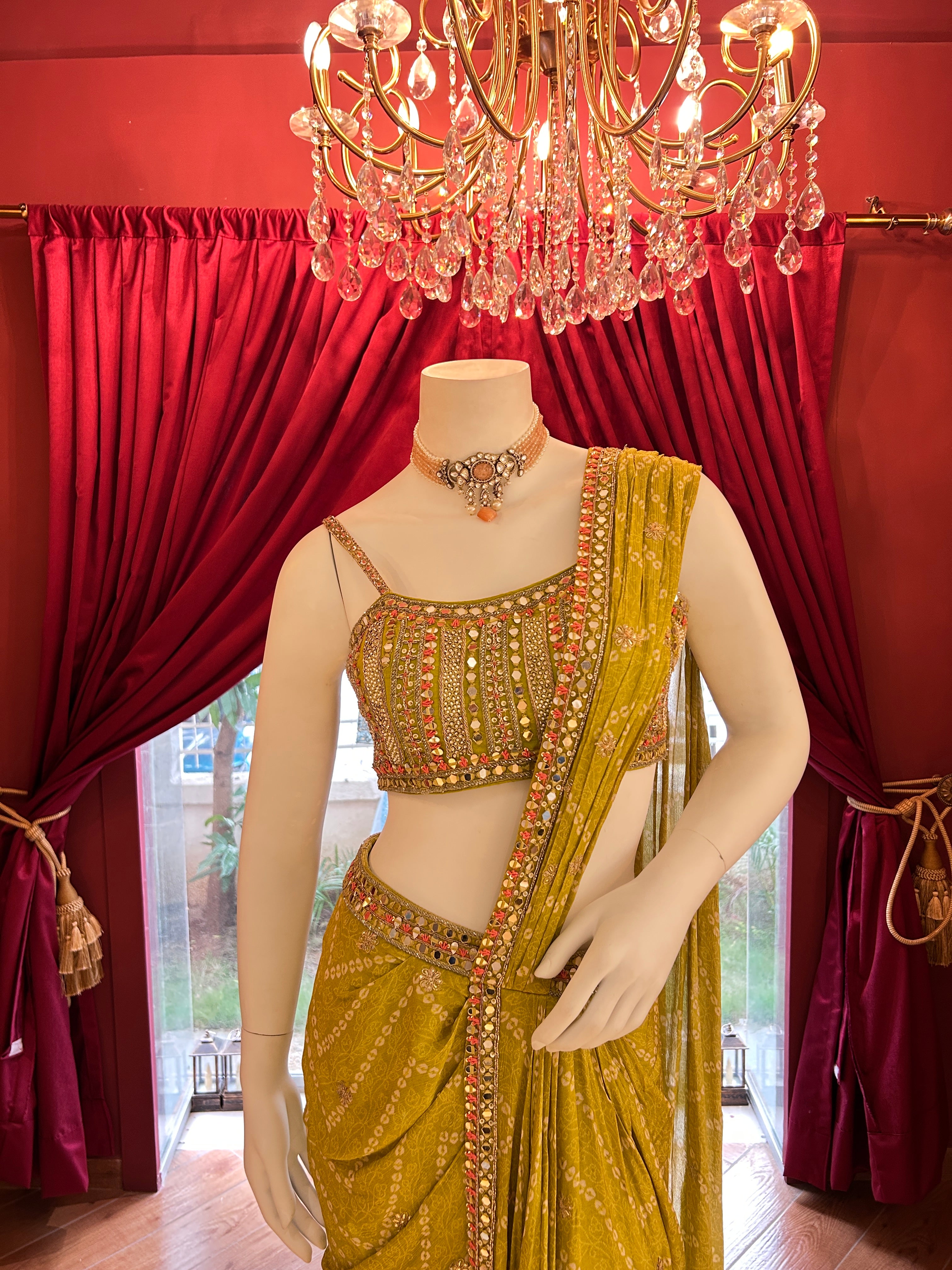 Yellow Bandhani Mirror Work Saree