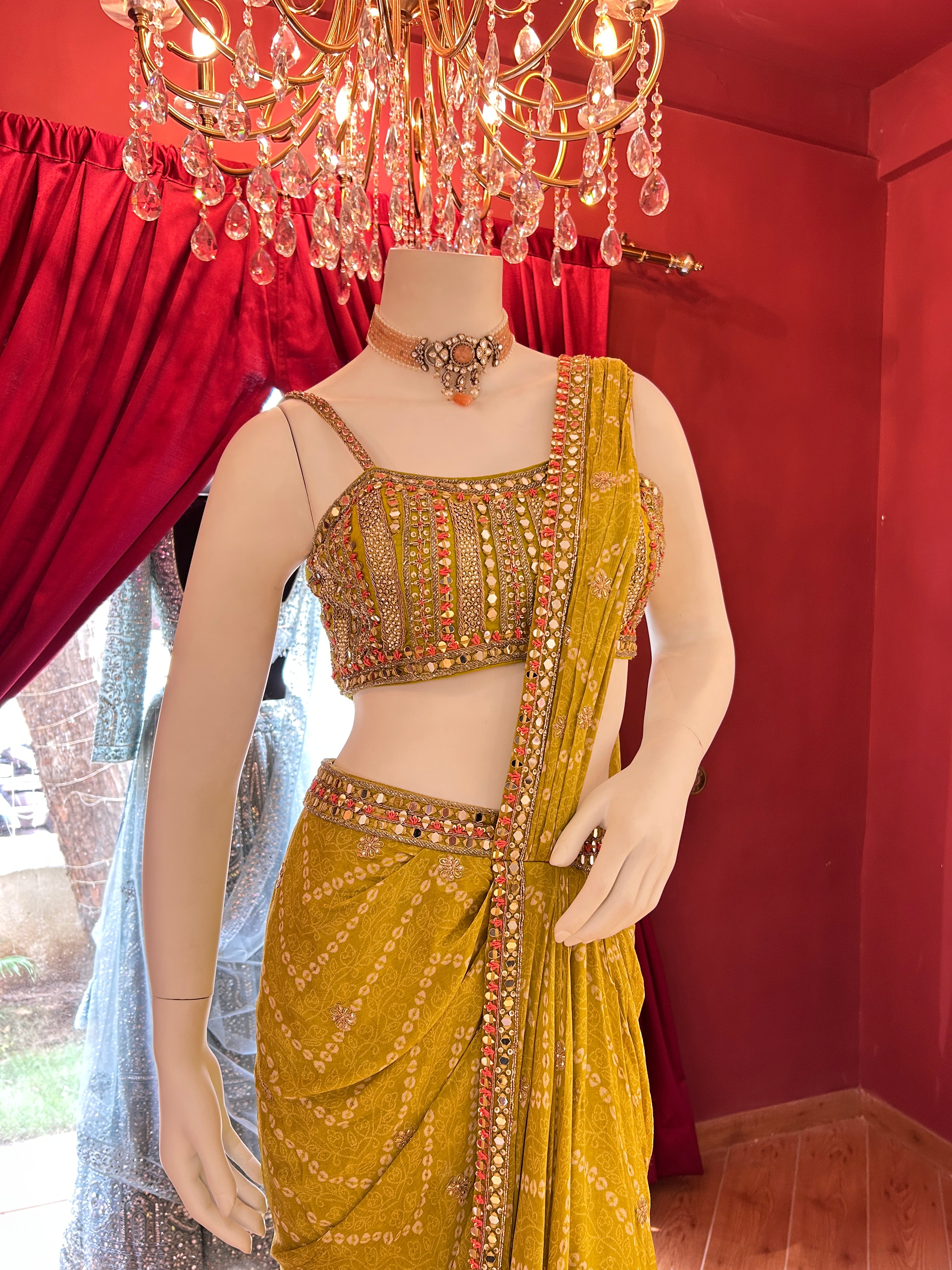 Yellow Bandhani Mirror Work Saree