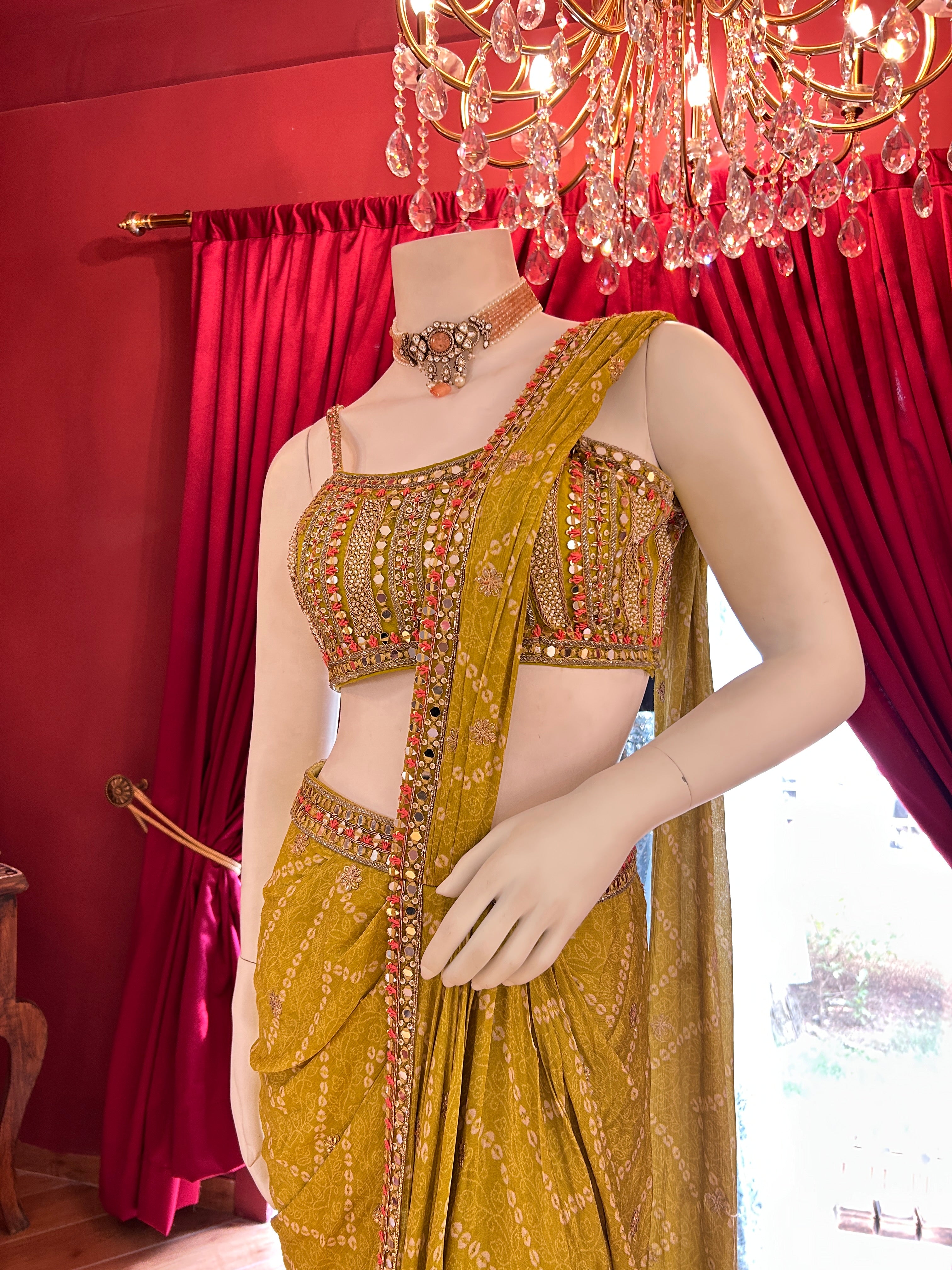 Yellow Bandhani Mirror Work Saree
