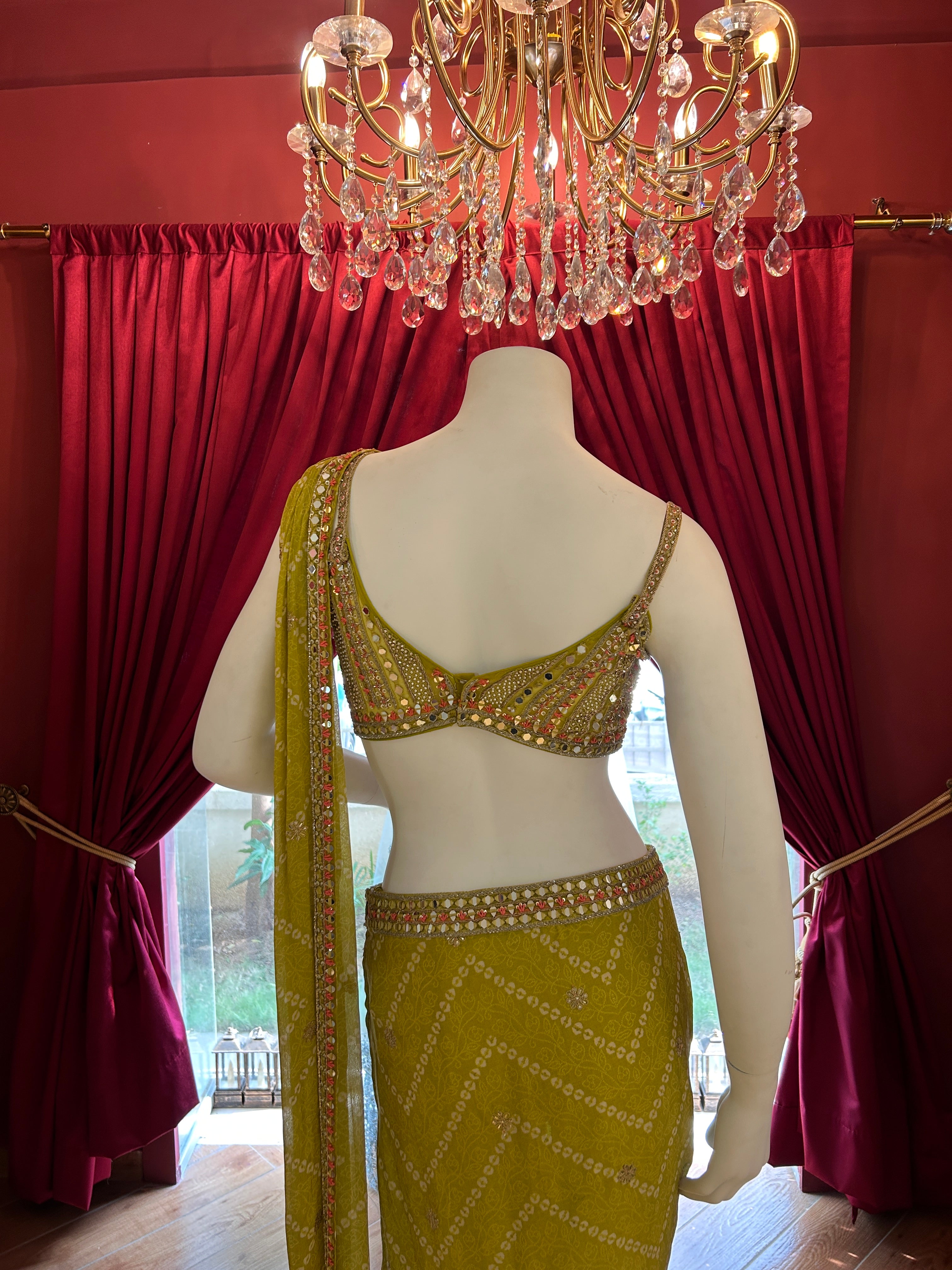 Yellow Bandhani Mirror Work Saree