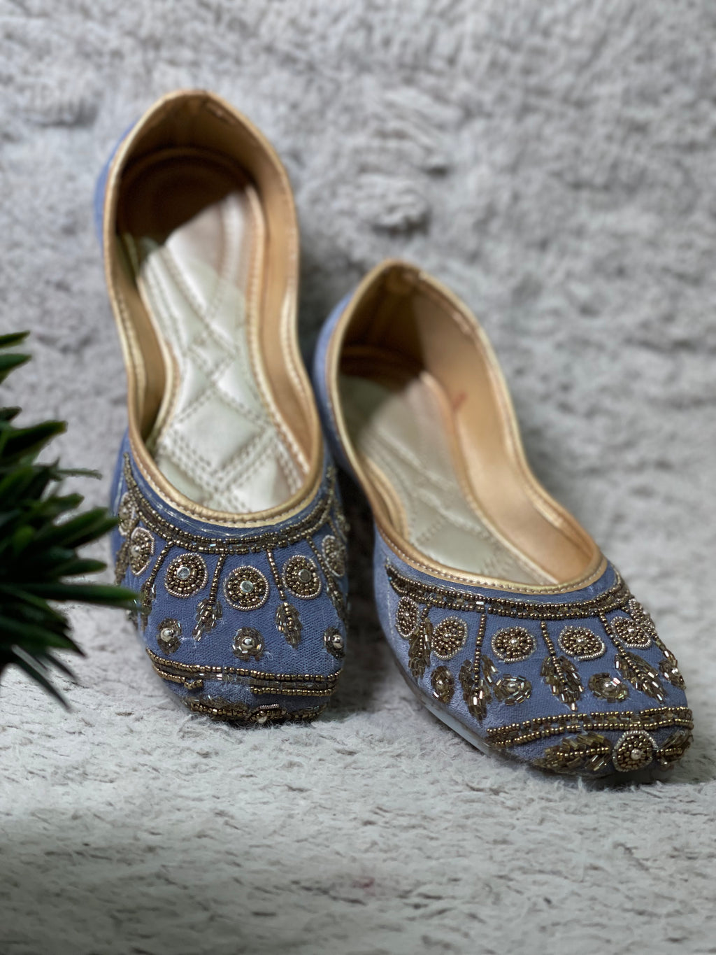 Greyish Blue With Golden Embroidery Bead Work