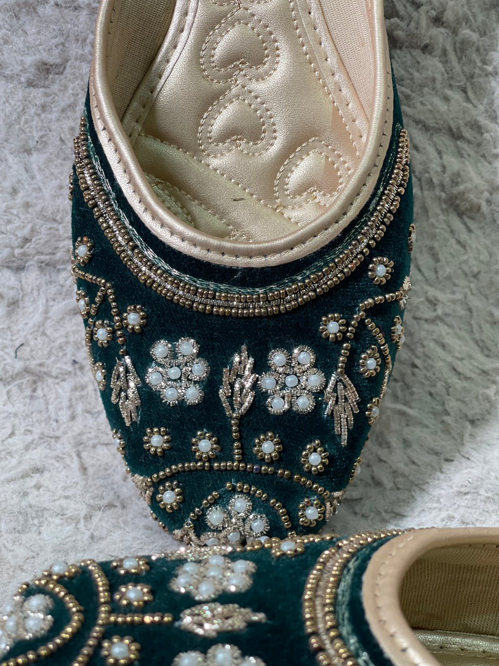 Bottle Green With White and Gold Beads Work