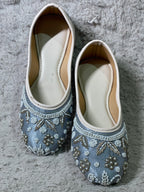 Grey Jutti With White Contrast Bead Work