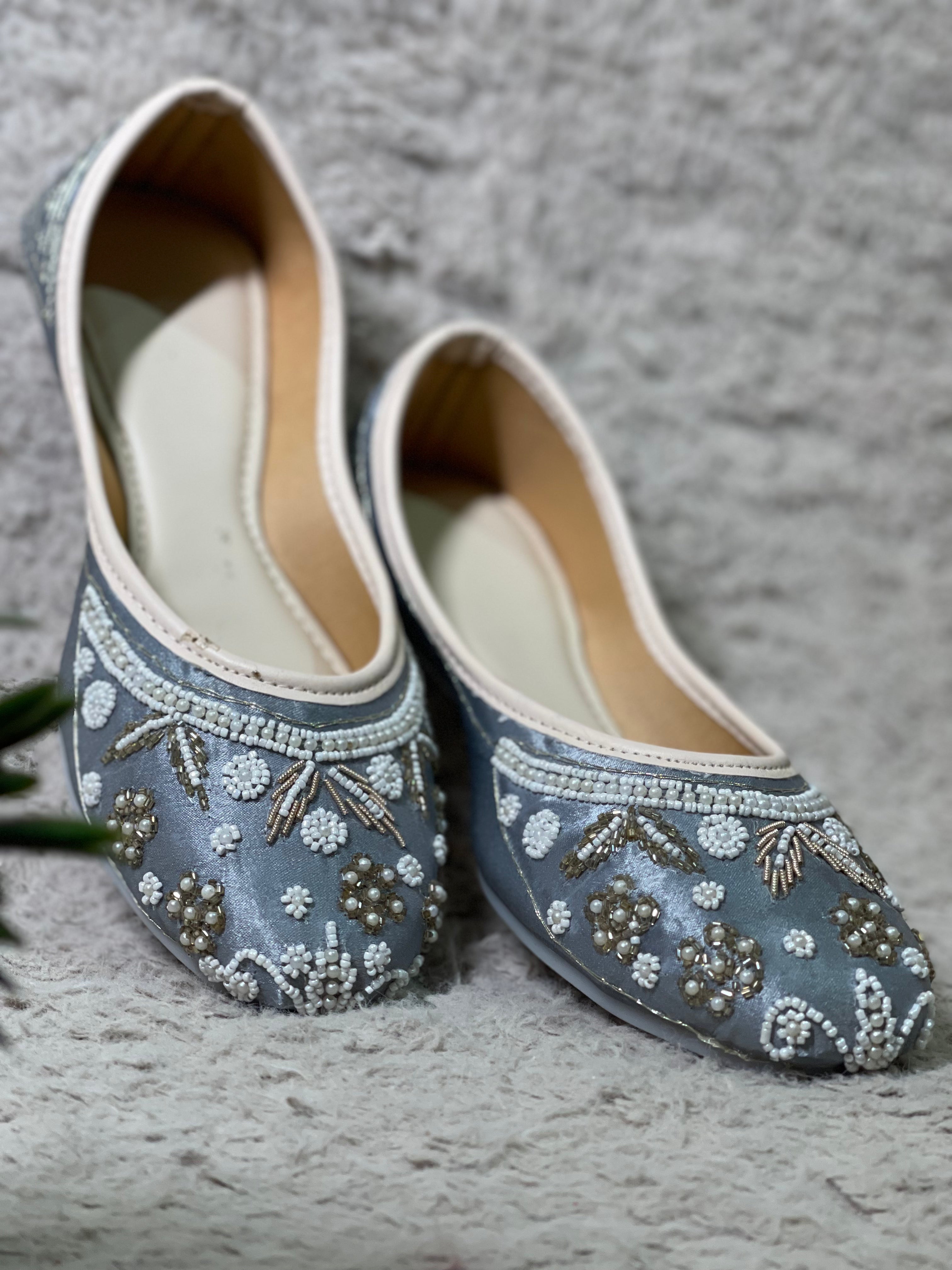 Grey Jutti With White Contrast Bead Work