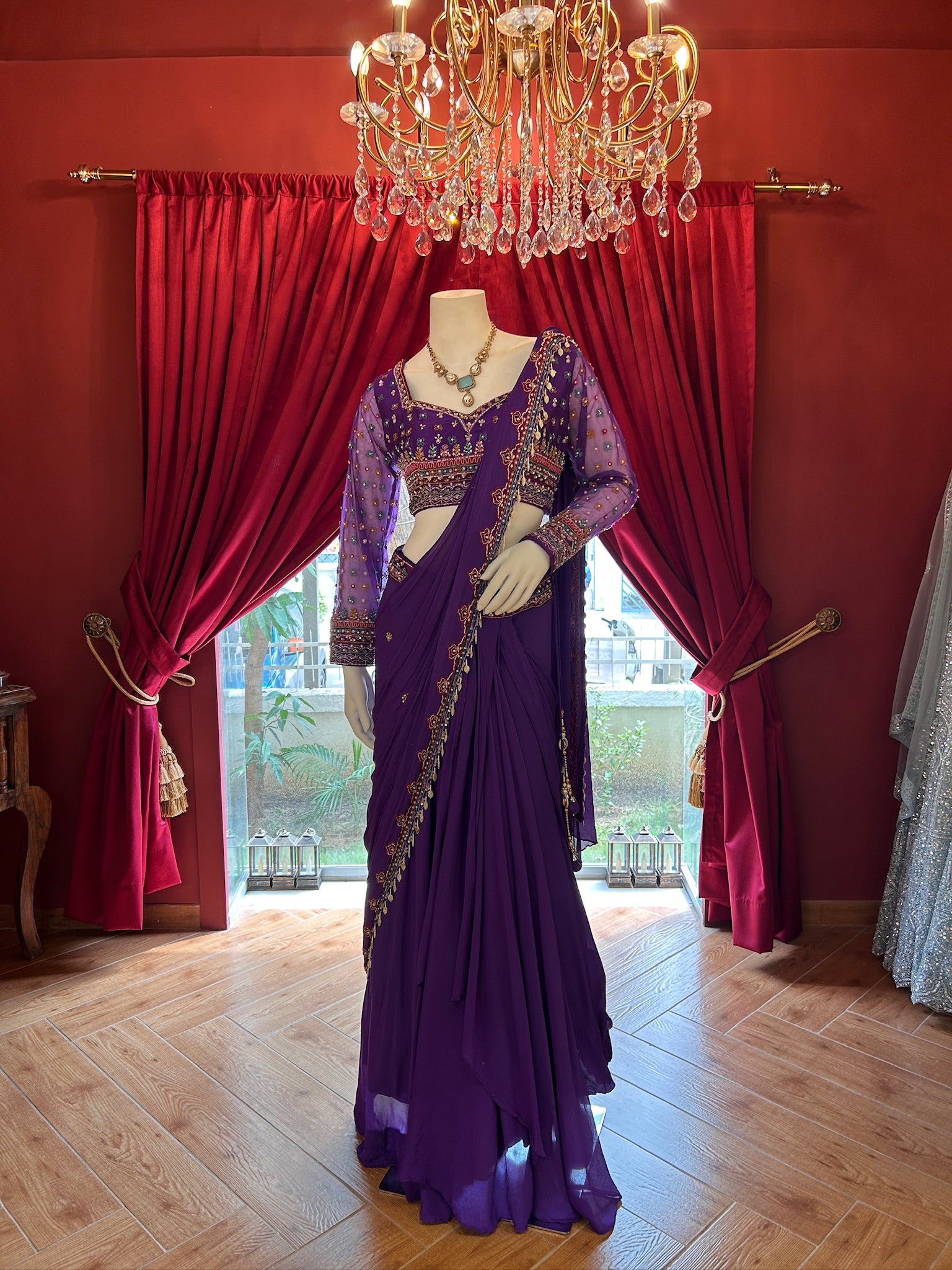 Violet Hand Embroidered Saree