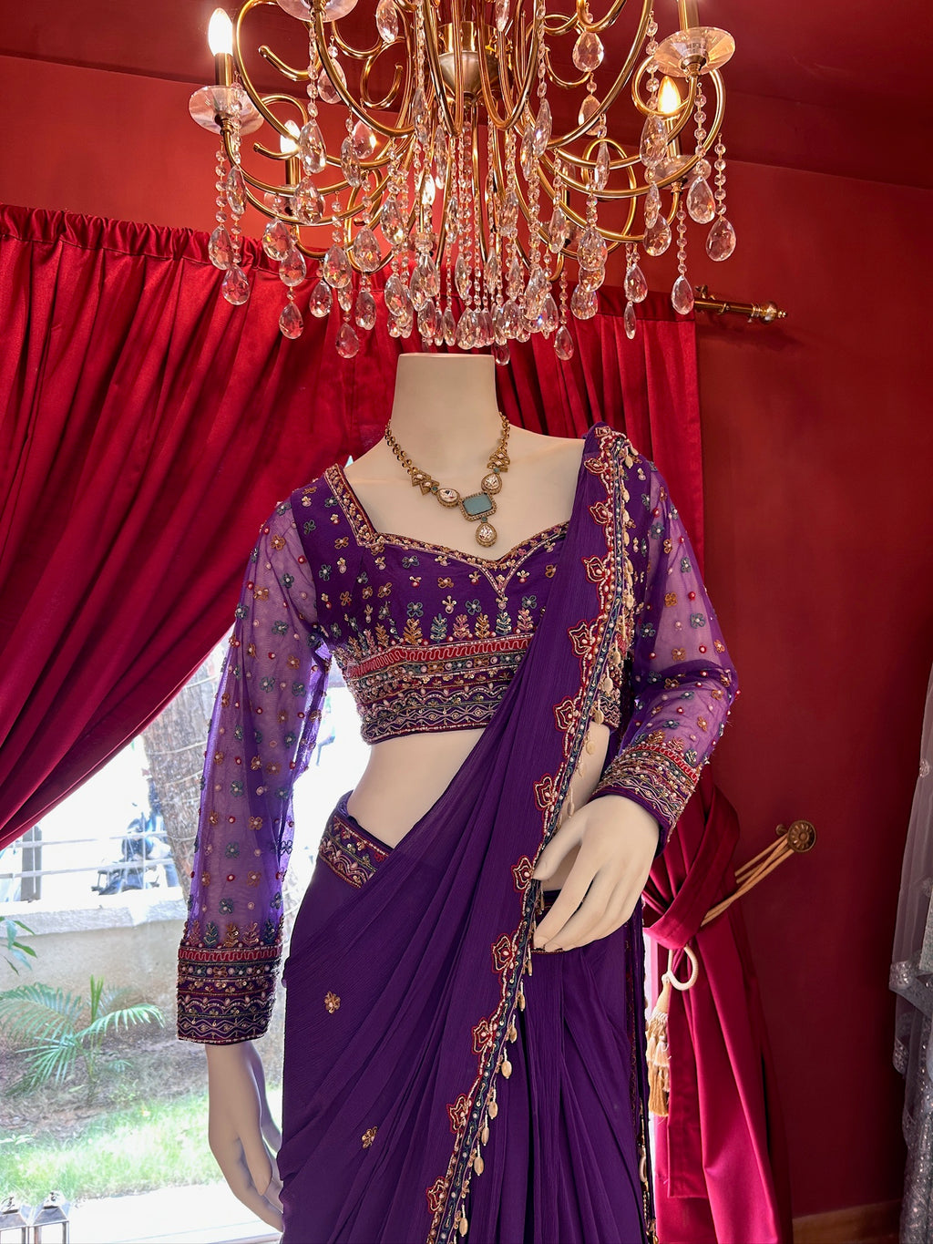 Violet Hand Embroidered Saree