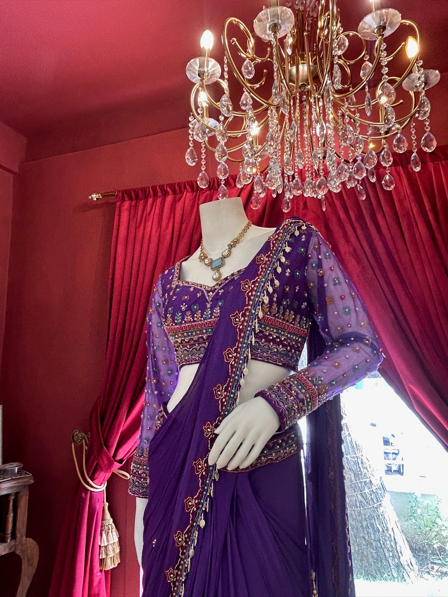 Violet Hand Embroidered Saree