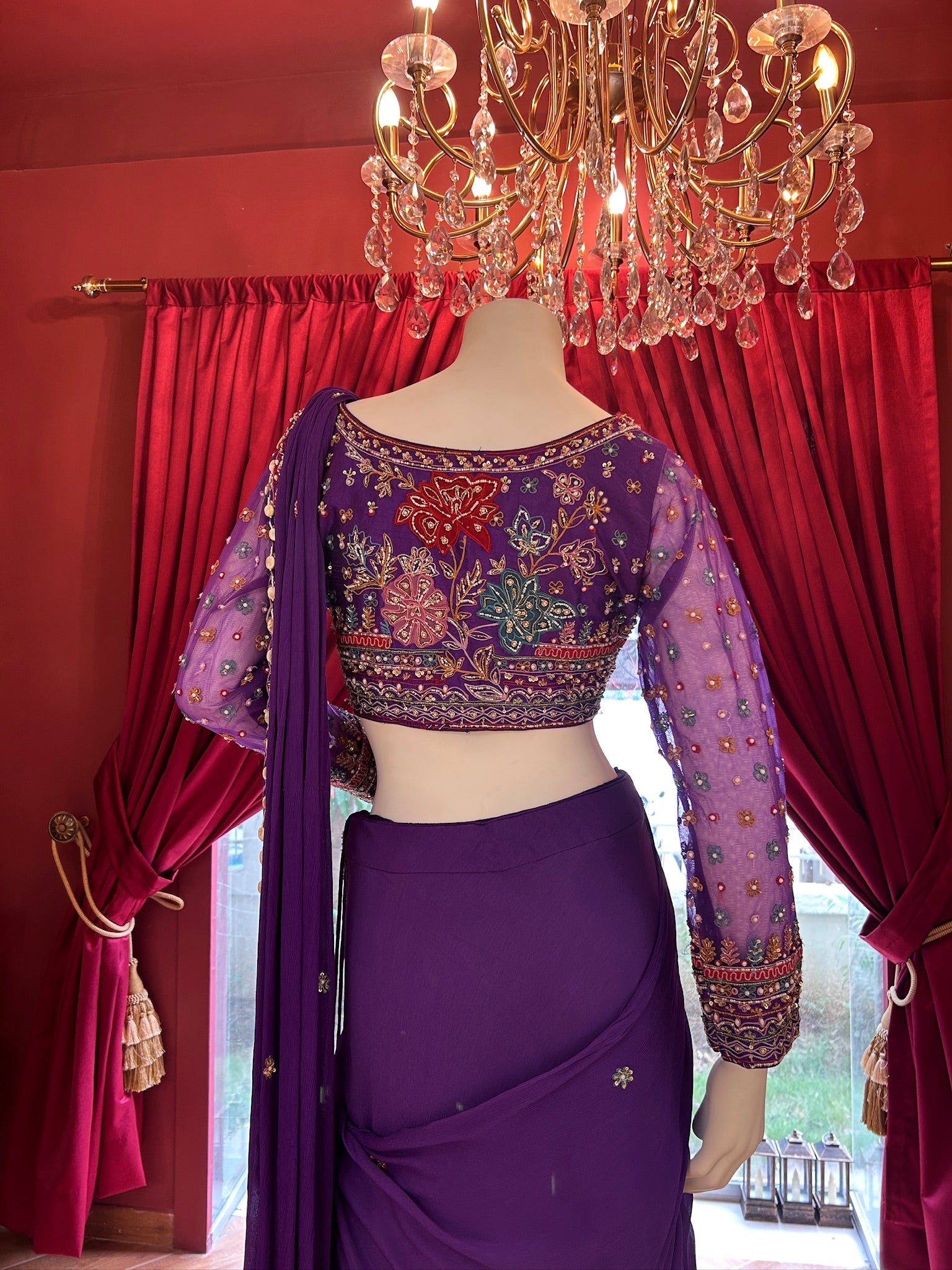 Violet Hand Embroidered Saree