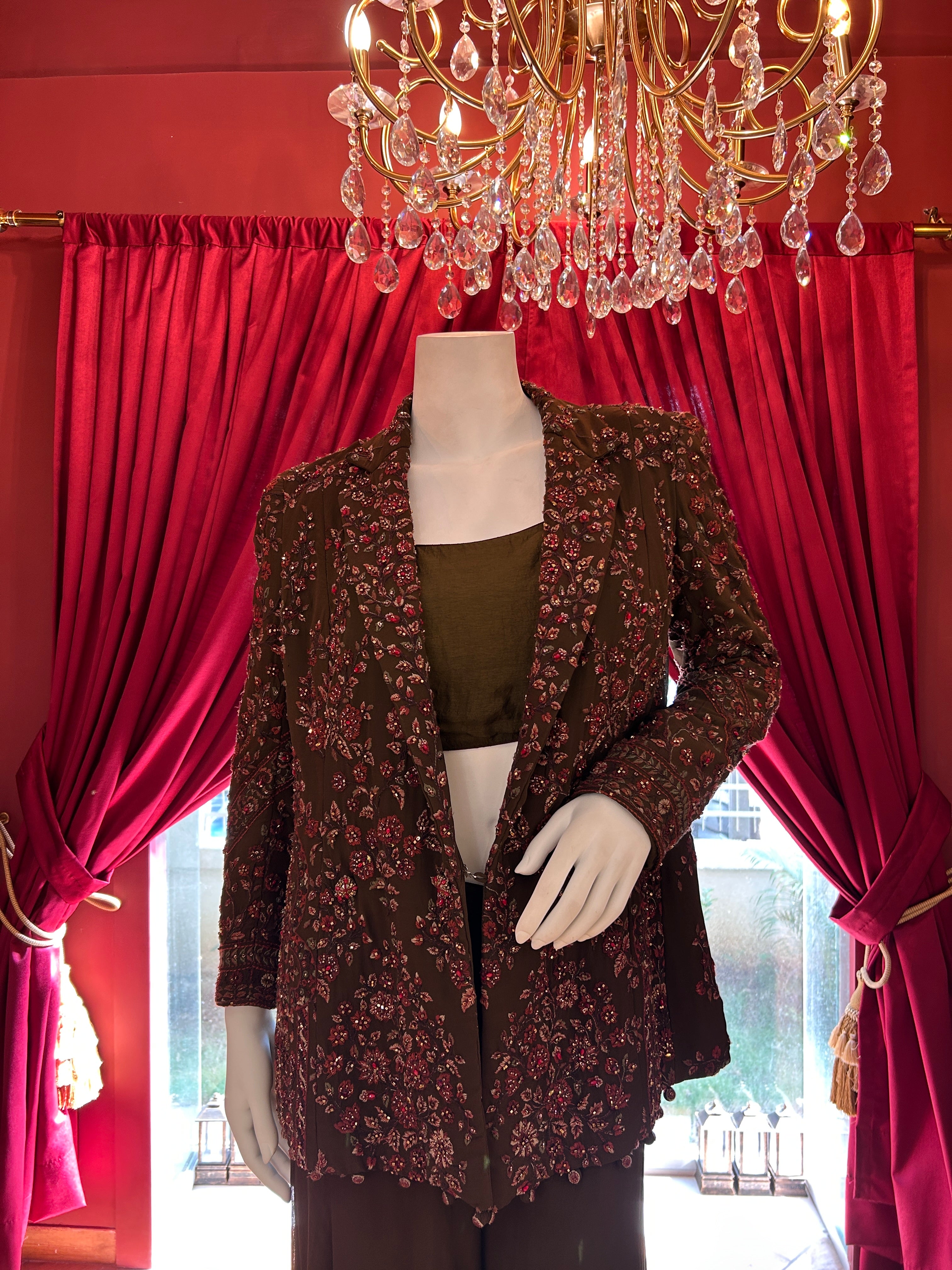 Olive Floral Palazzo With Full Work Jacket