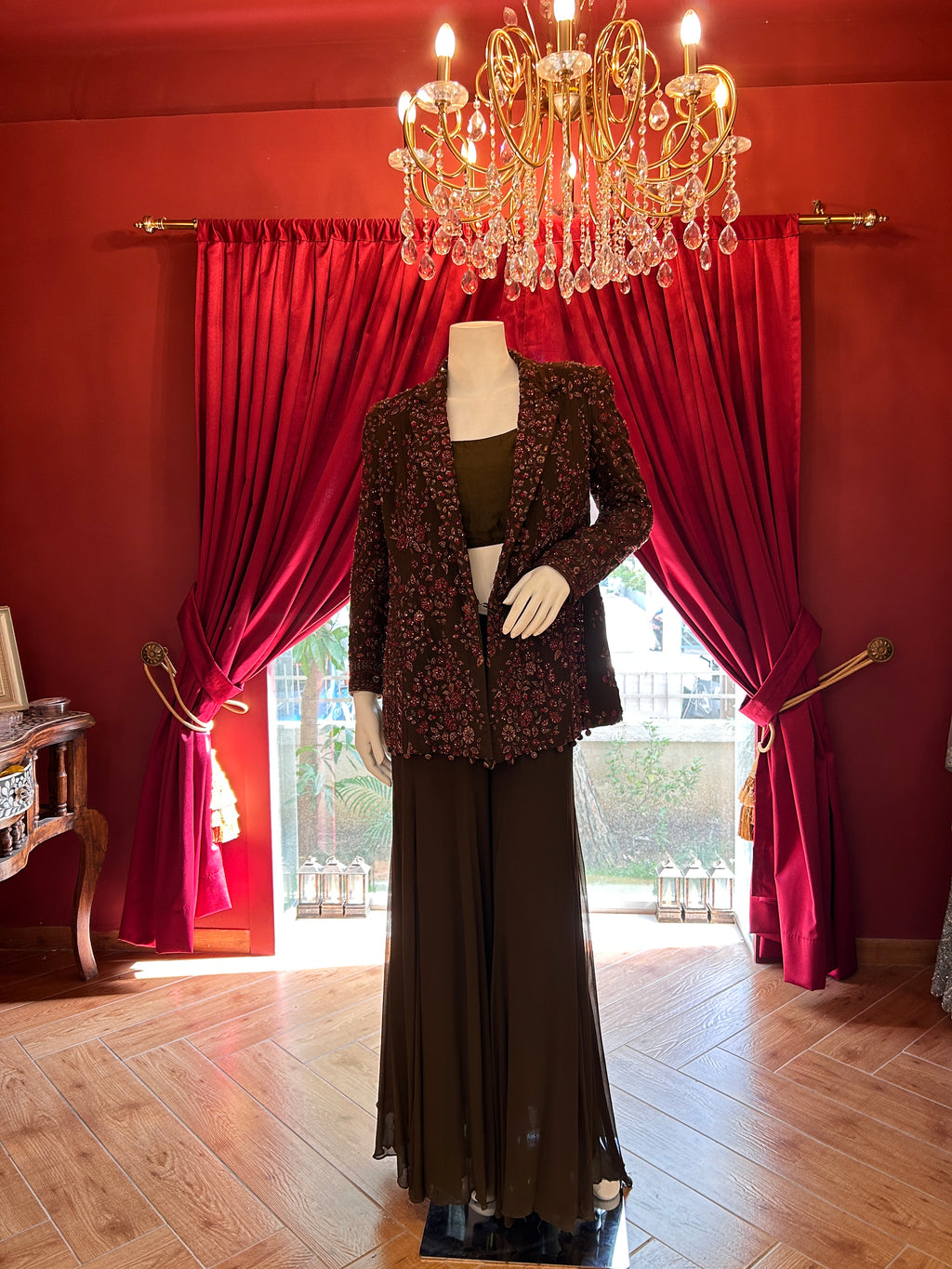 Olive Floral Palazzo With Full Work Jacket