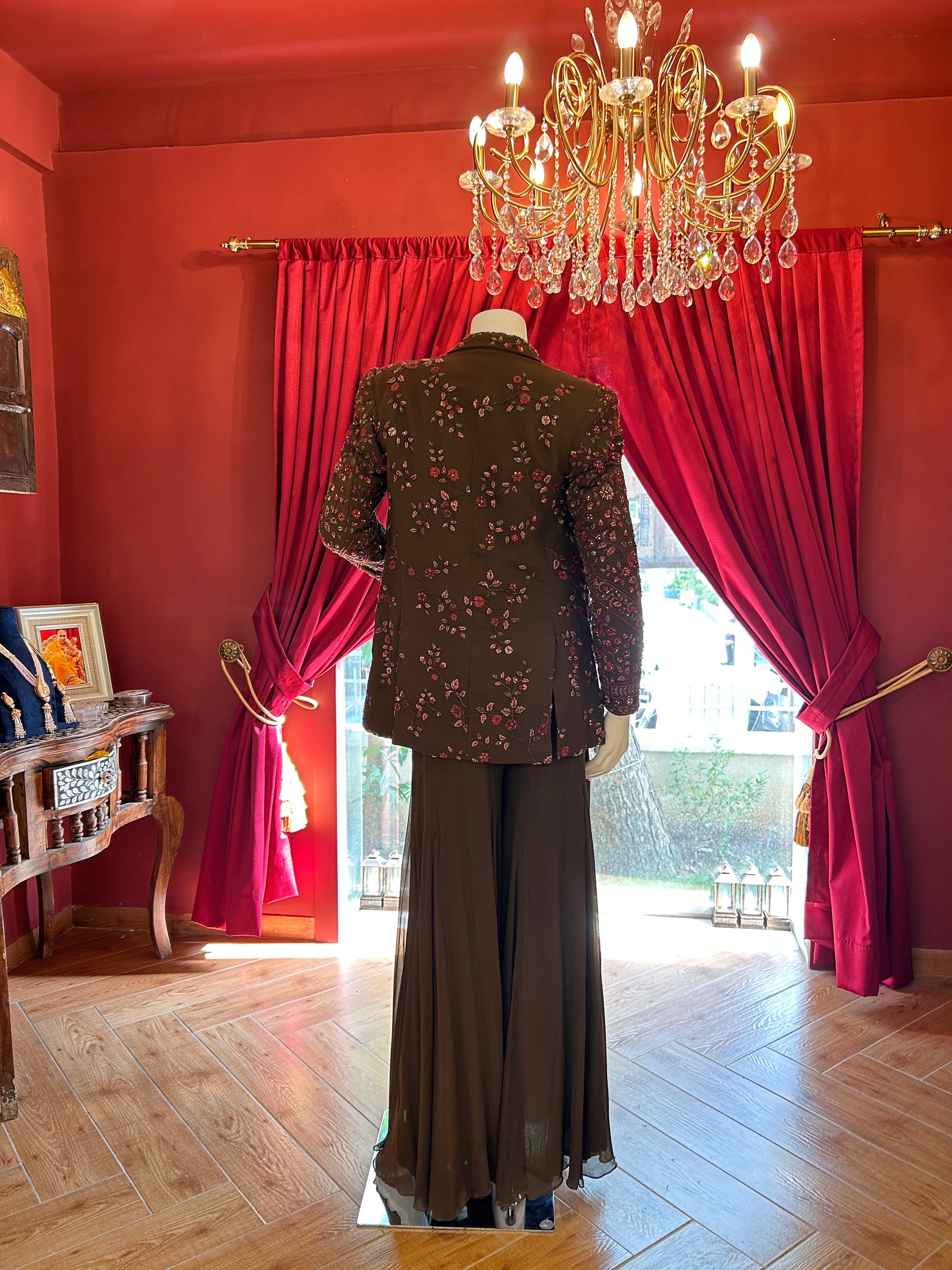 Olive Floral Palazzo With Full Work Jacket