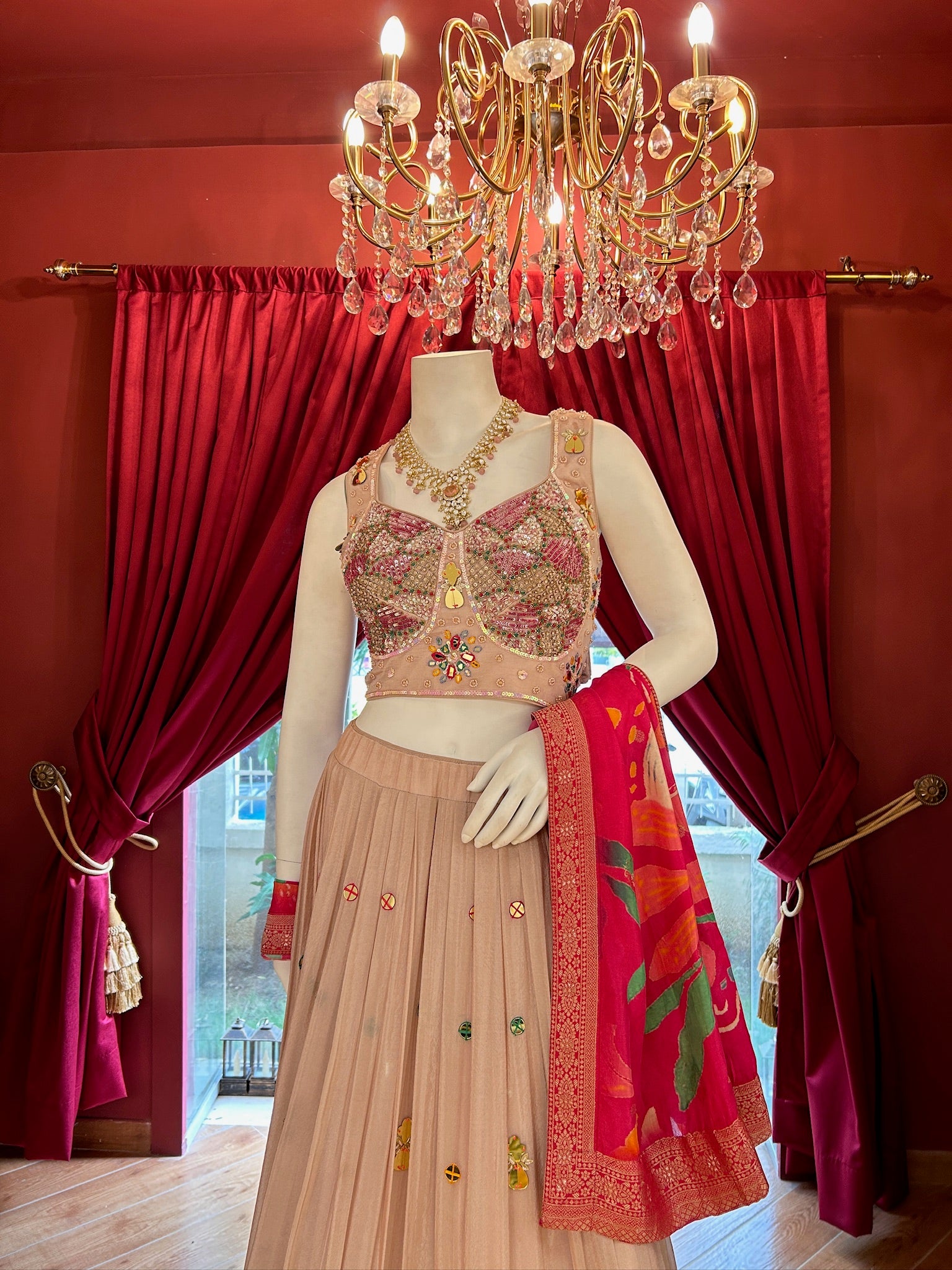 Floral Blush Pink Organza Lehenga With Handwork Blouse
