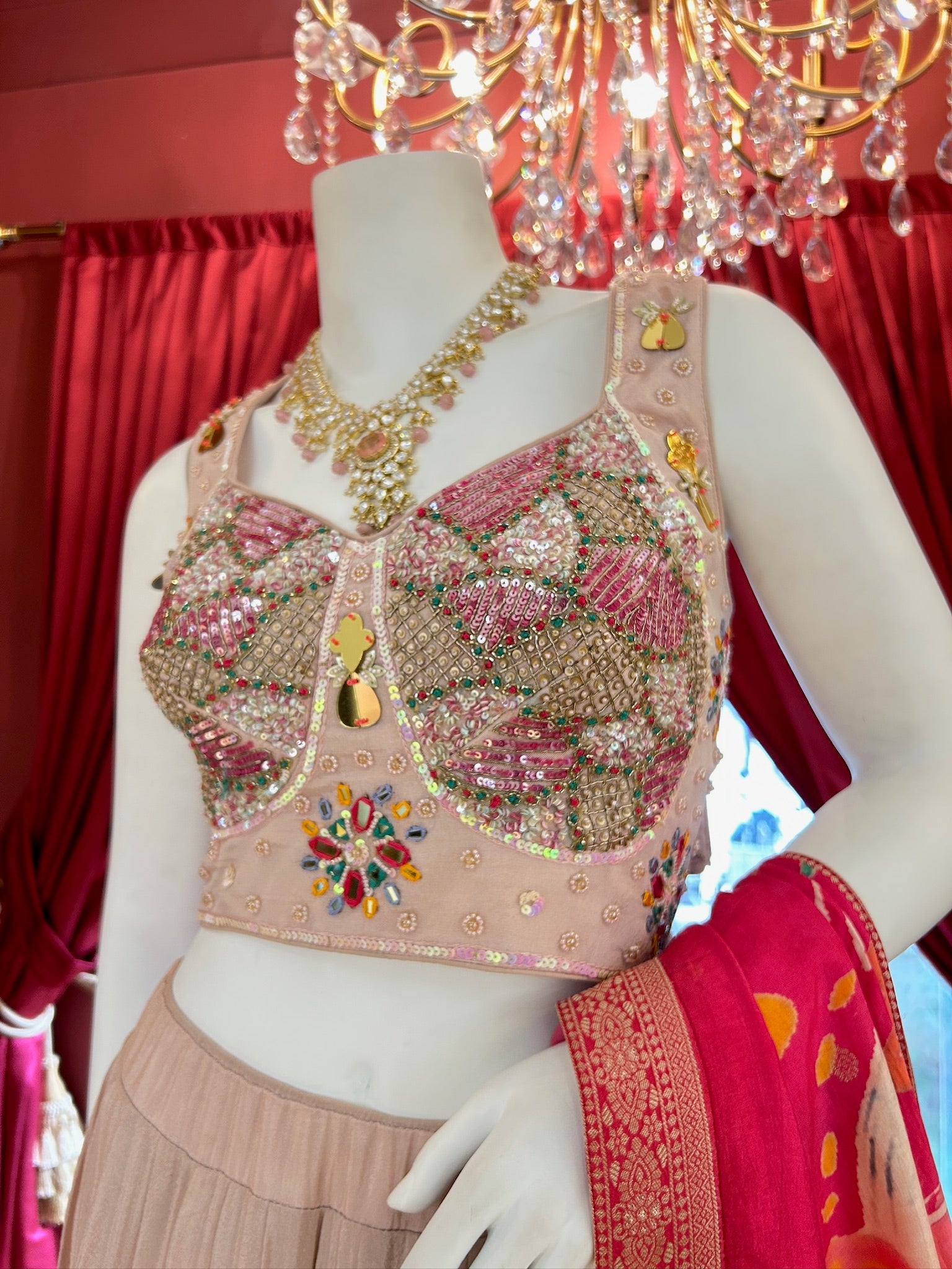 Floral Blush Pink Organza Lehenga With Handwork Blouse