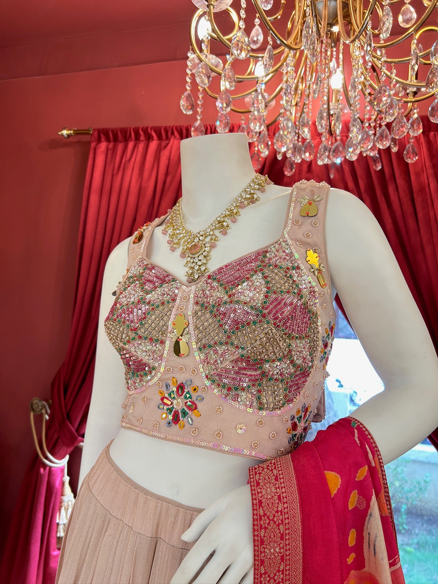 Floral Blush Pink Organza Lehenga With Handwork Blouse