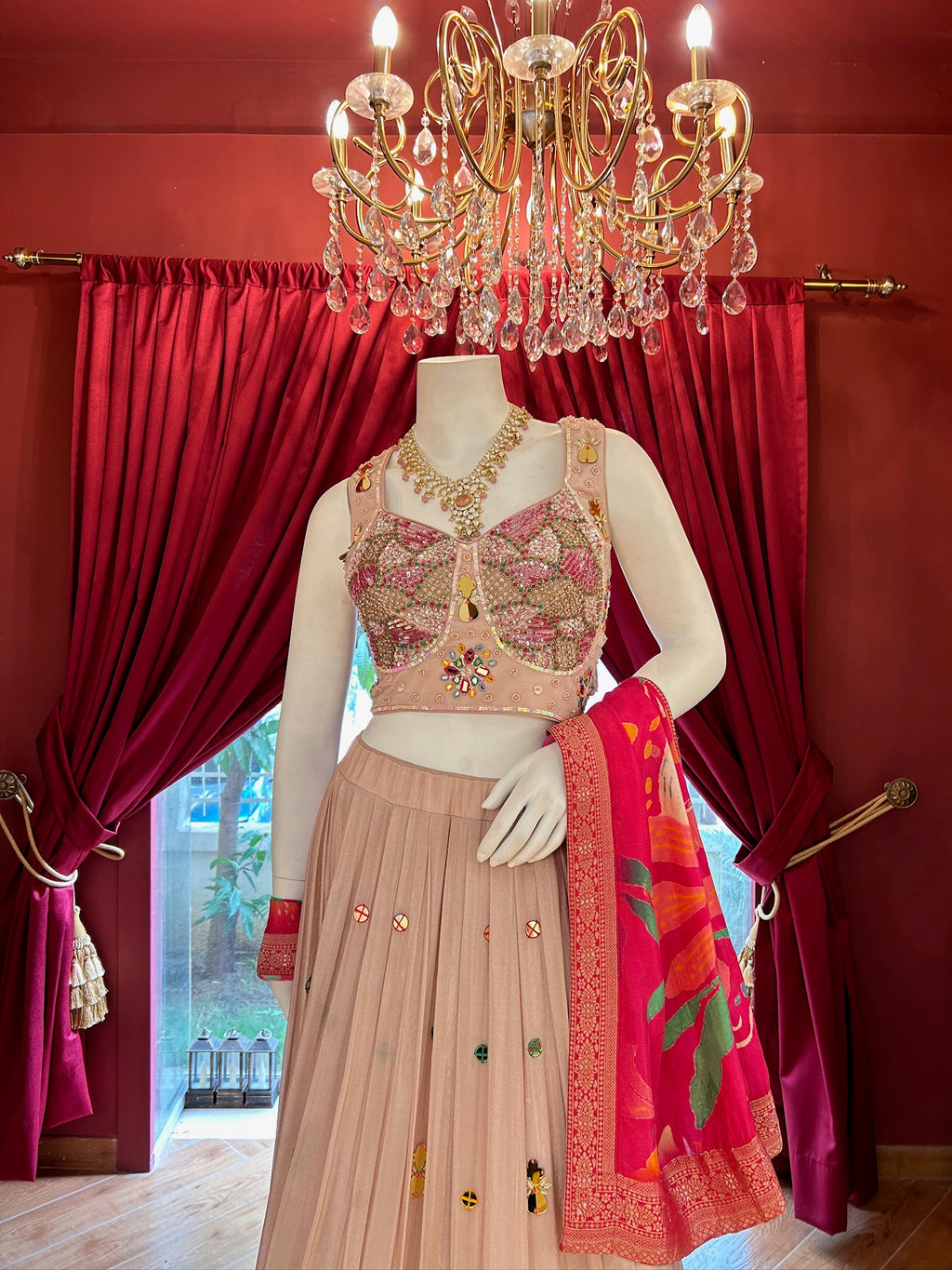 Floral Blush Pink Organza Lehenga With Handwork Blouse