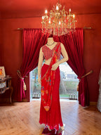 Cherry Red Draped Saree With Mirror Work Blouse