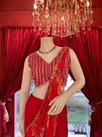Cherry Red Draped Saree With Mirror Work Blouse