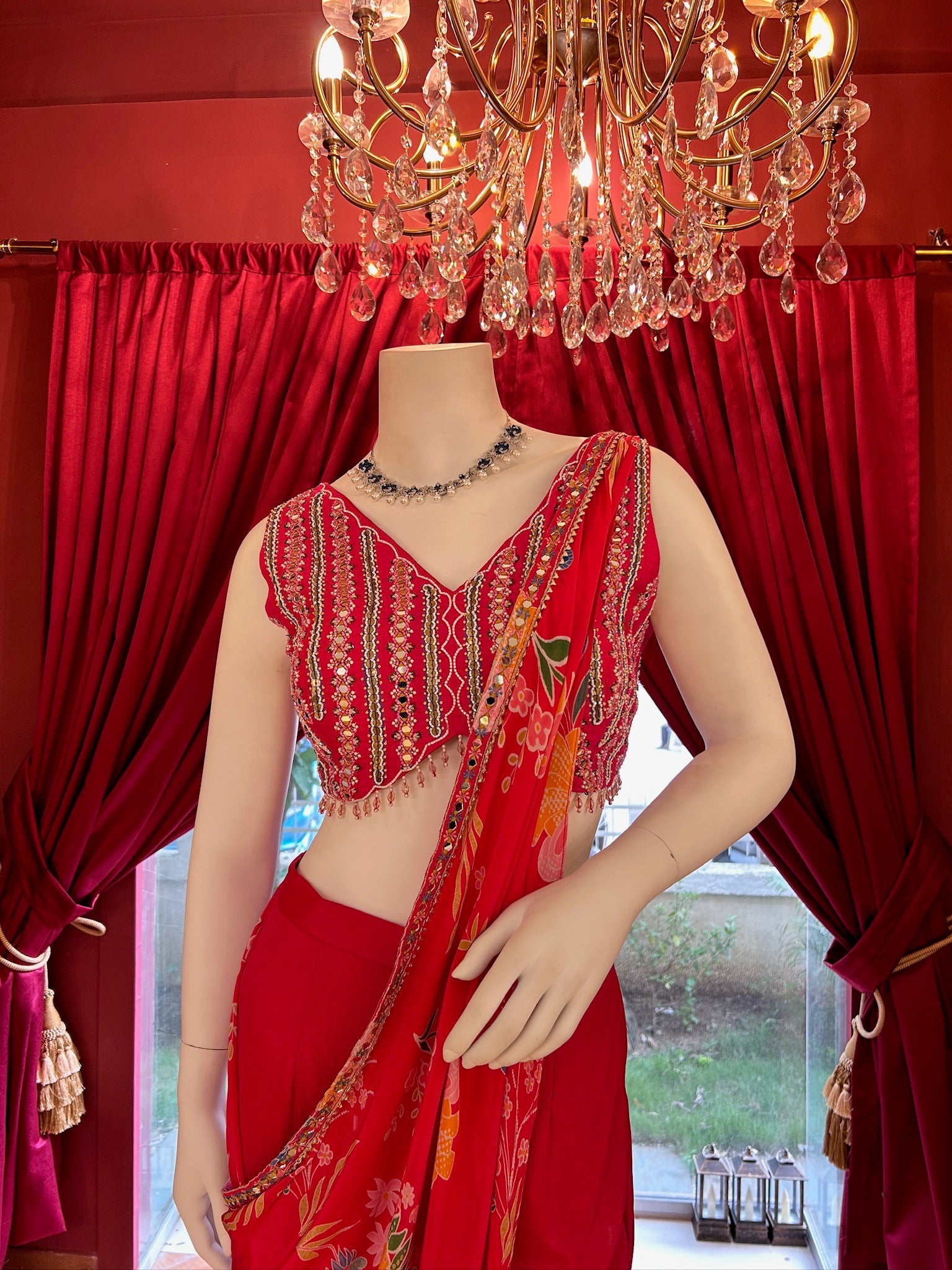 Cherry Red Draped Saree With Mirror Work Blouse